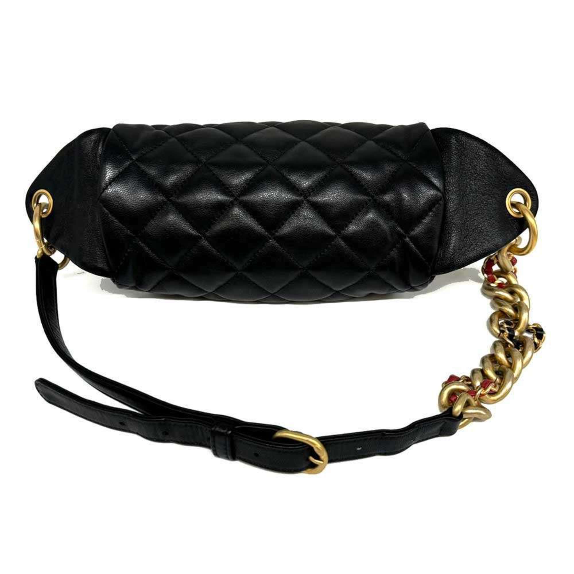 Chanel Matelasse Waist Pouch Lambskin Black Coco Mark CHANEL