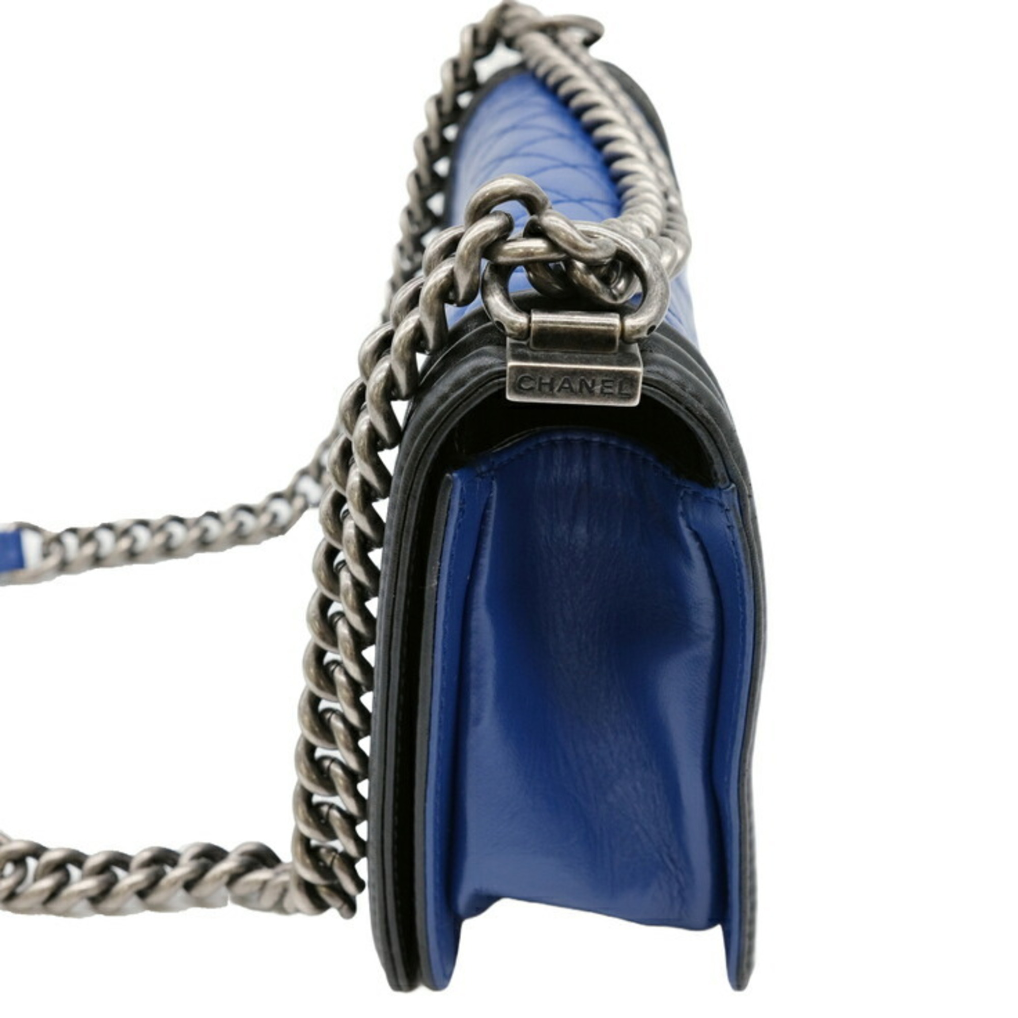 CHANEL Boy Chanel Chain Shoulder Lambskin Blue Black Seal A67086