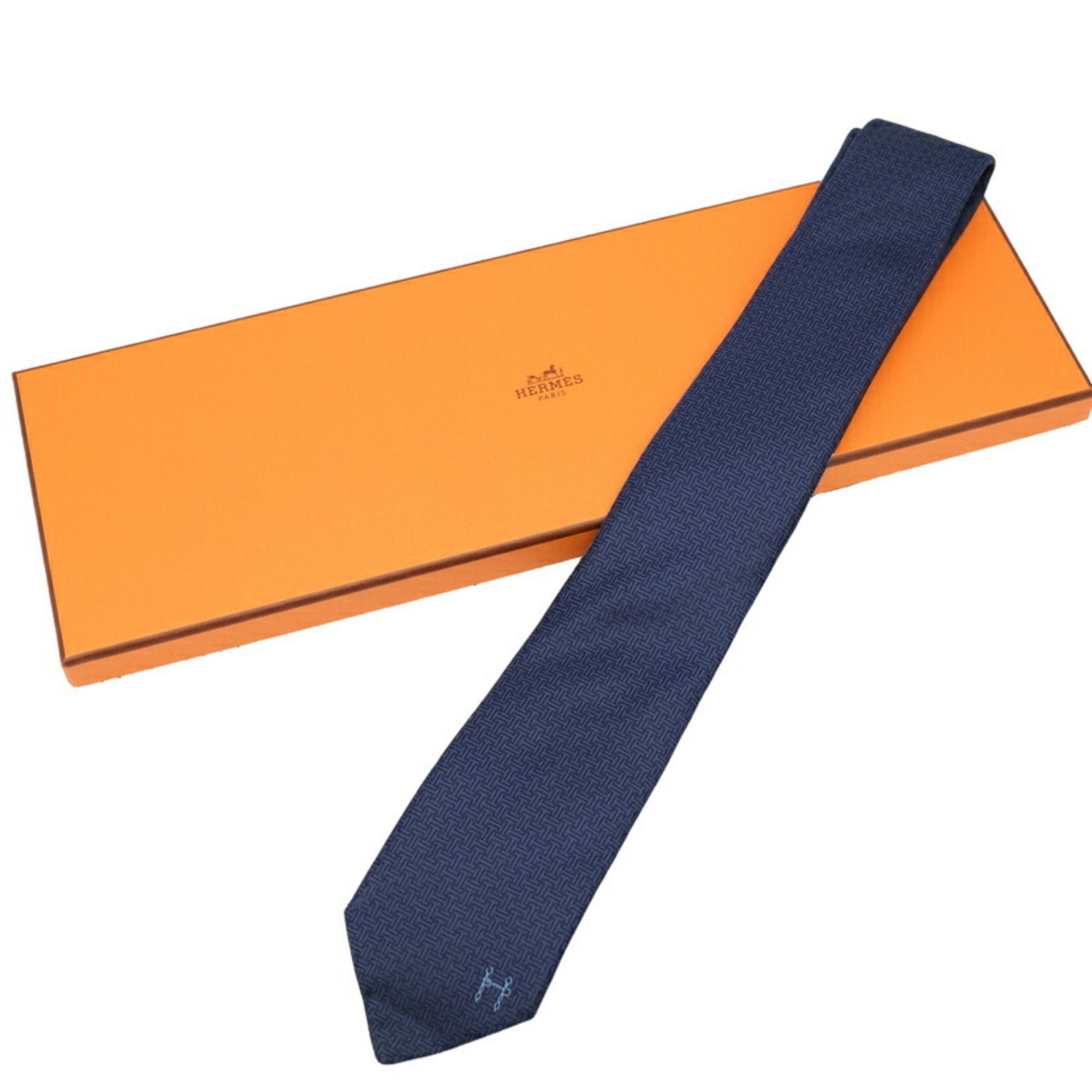 HERMES Hermes tie H 100% silk navy