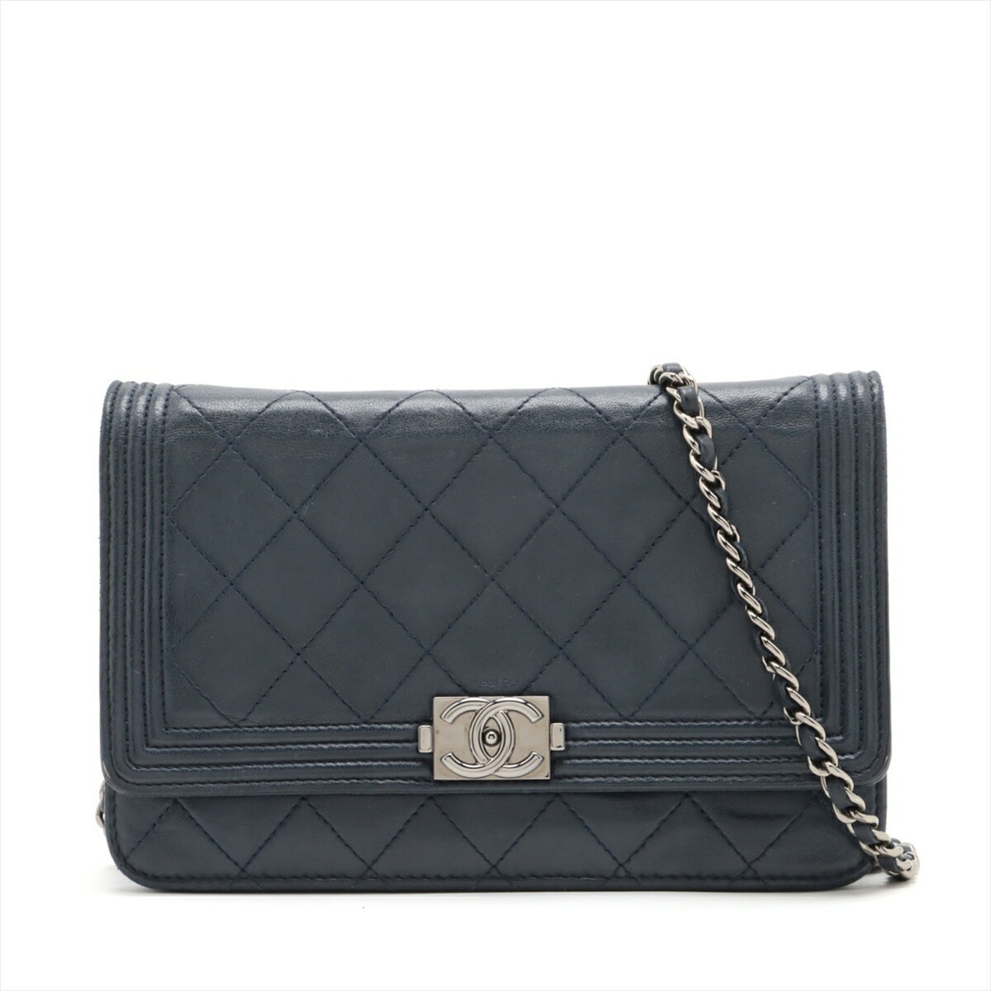 CHANEL Boy Chanel Chain Wallet Long Shoulder Bag Navy Leather