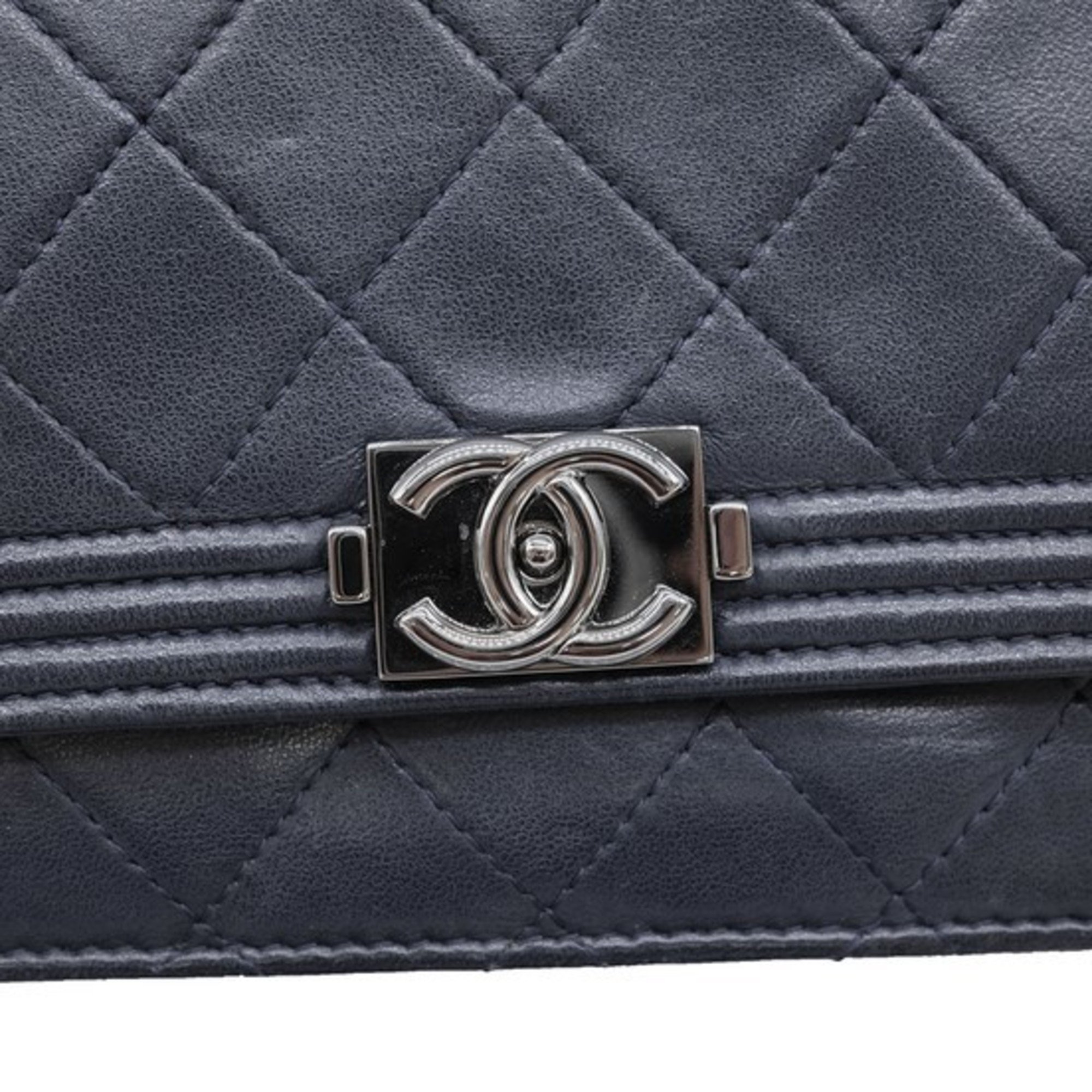 CHANEL Boy Chanel Chain Wallet Long Shoulder Bag Navy Leather