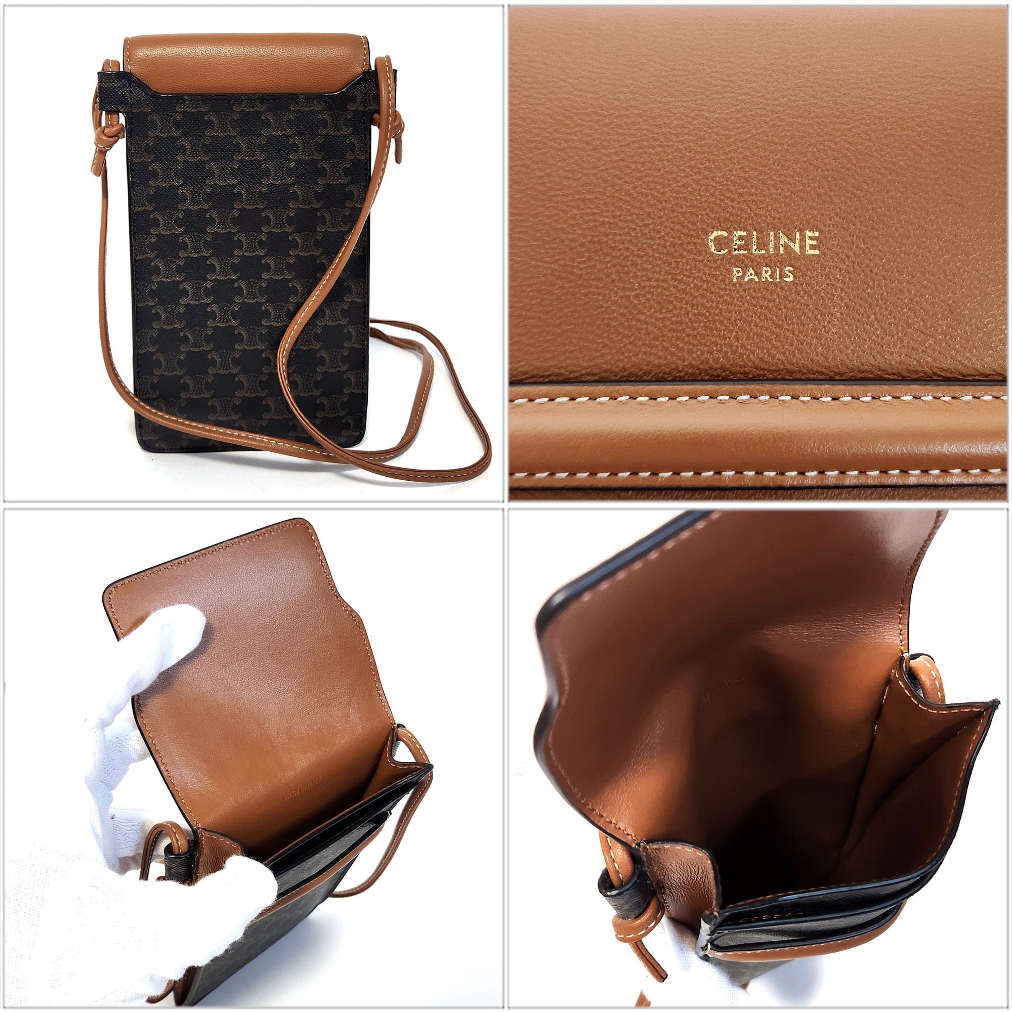 CELINE Triomphe Phone Pouch - Brown Black Canvas Leather Shoulder Bag Pochette Smartphone Women's