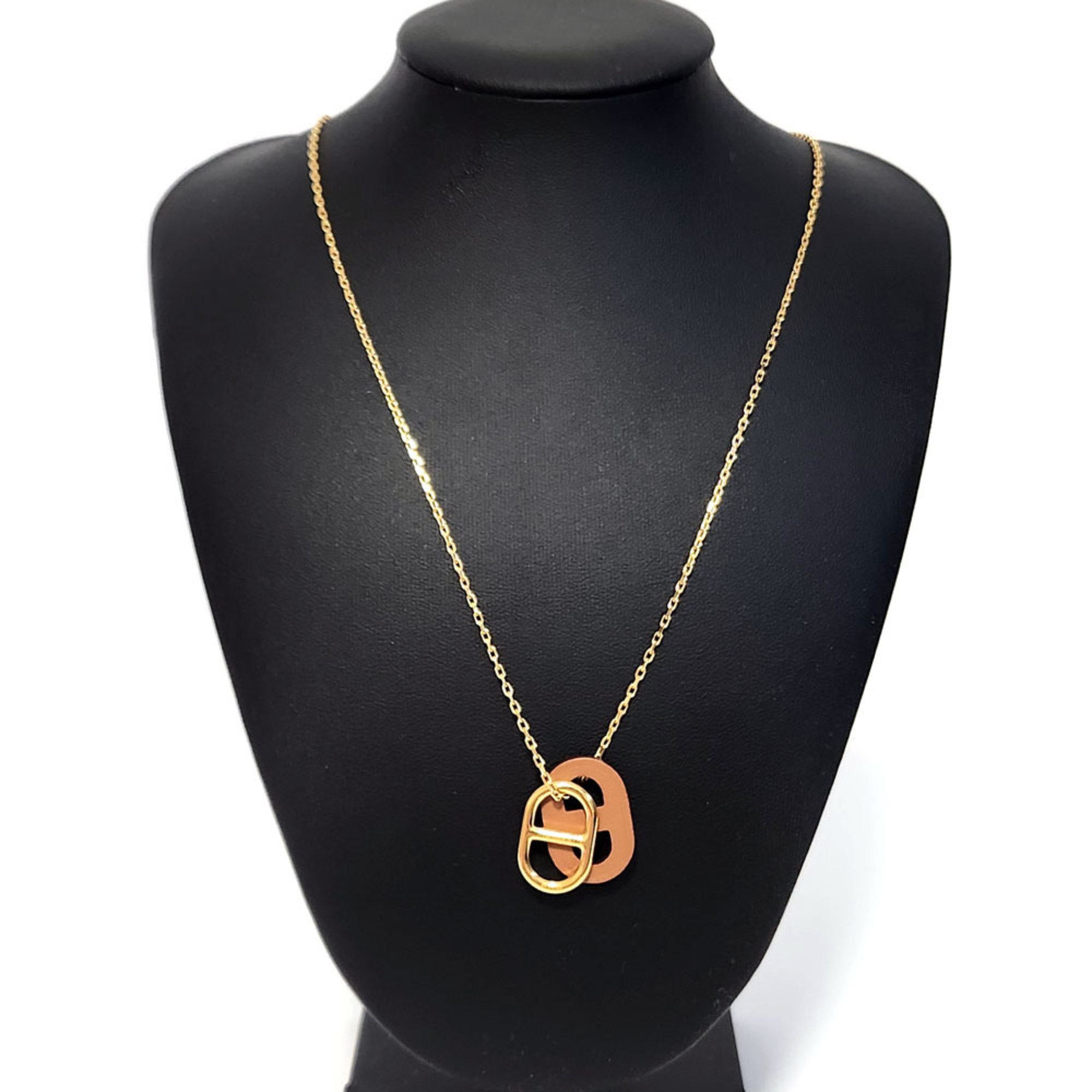 Hermes Chaine d'Ancre Haut-Maillon Necklace - Gold, Brown Metal, Leather Pendant Charm