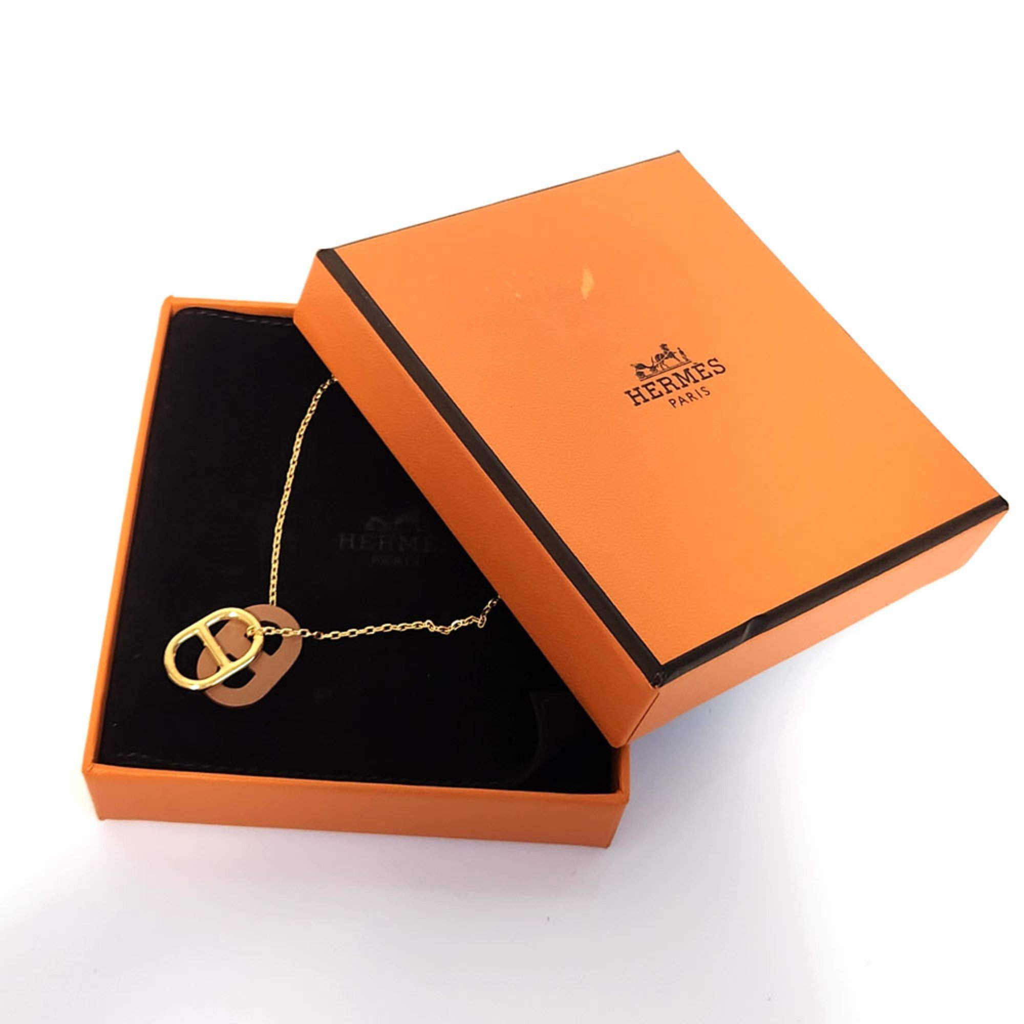 Hermes Chaine d'Ancre Haut-Maillon Necklace - Gold, Brown Metal, Leather Pendant Charm