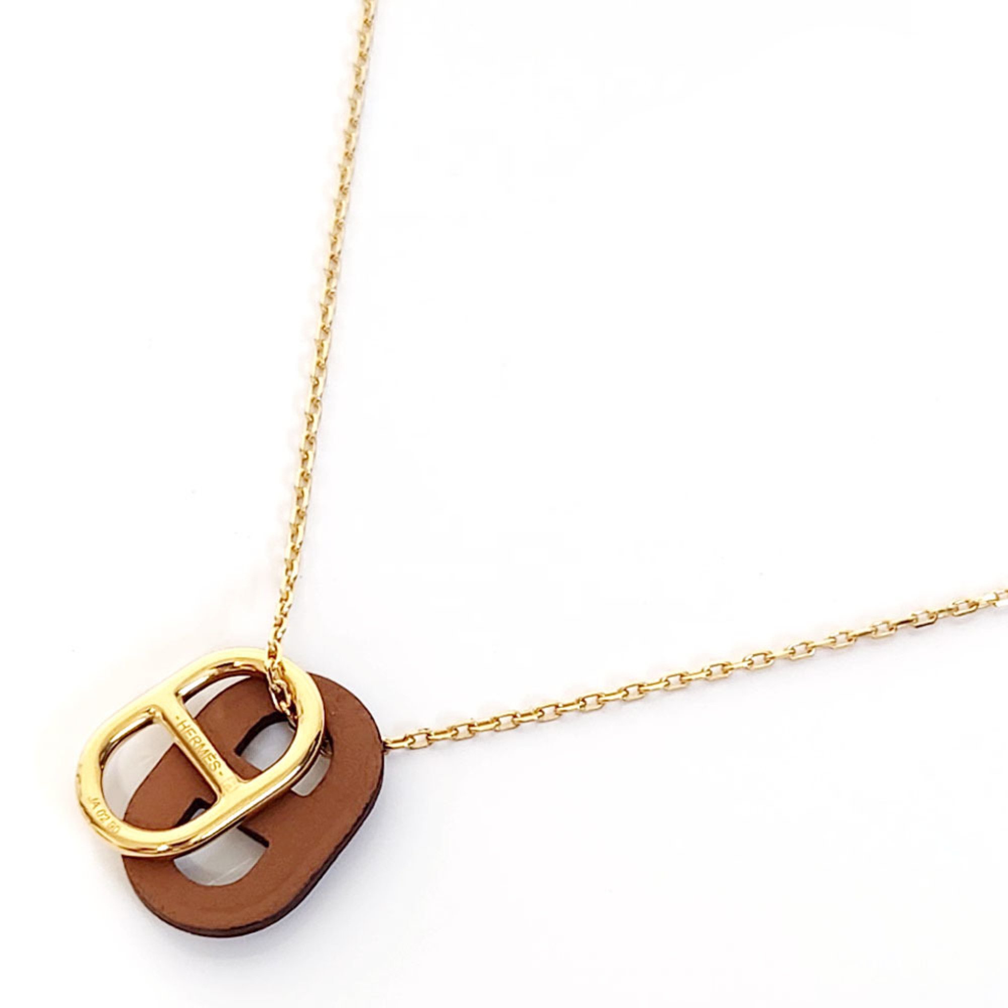 Hermes Chaine d'Ancre Haut-Maillon Necklace - Gold, Brown Metal, Leather Pendant Charm