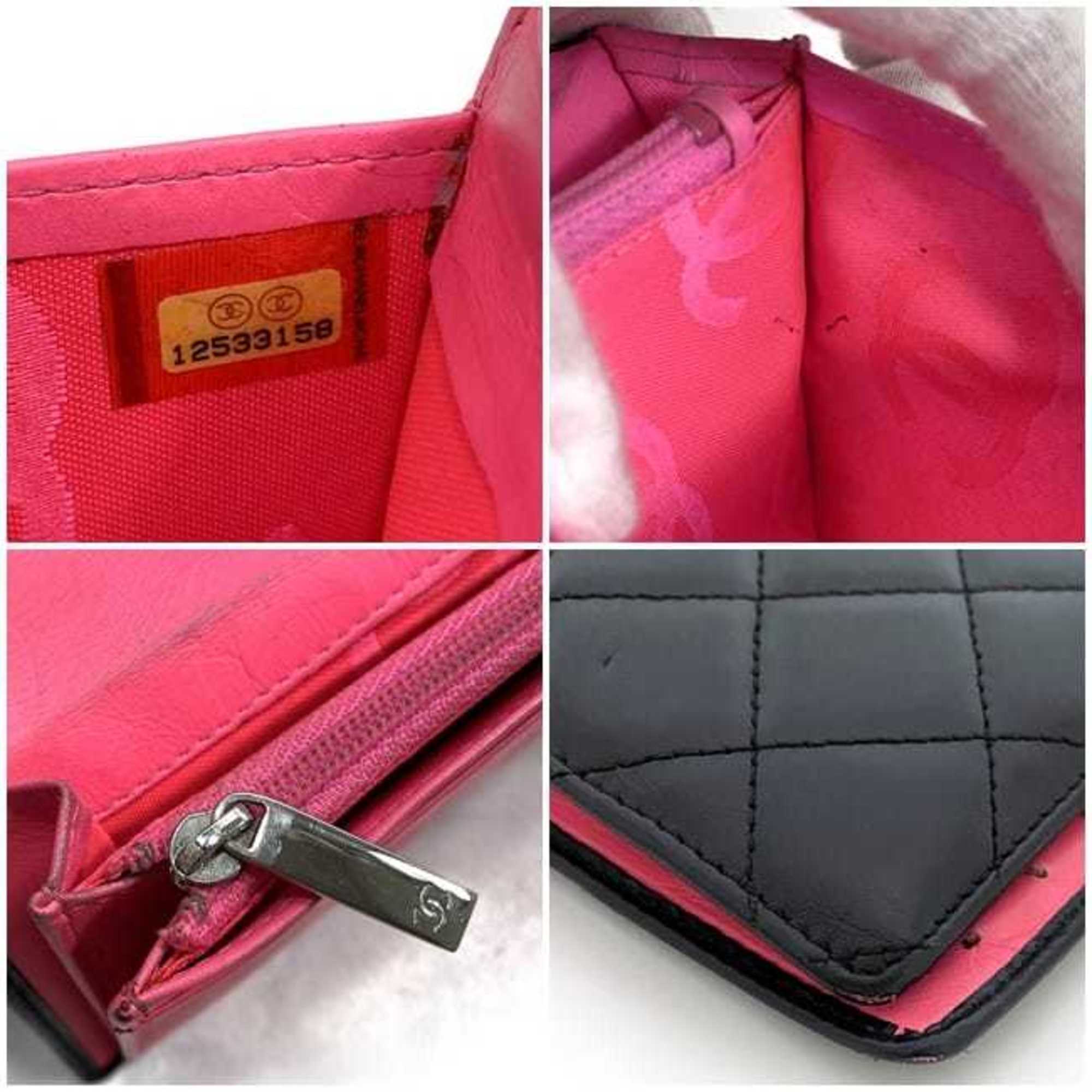 Chanel Bi-fold Long Wallet Black Cambon A26717 Coco Mark Leather 1 CHANEL Quilted Women's Pink Card