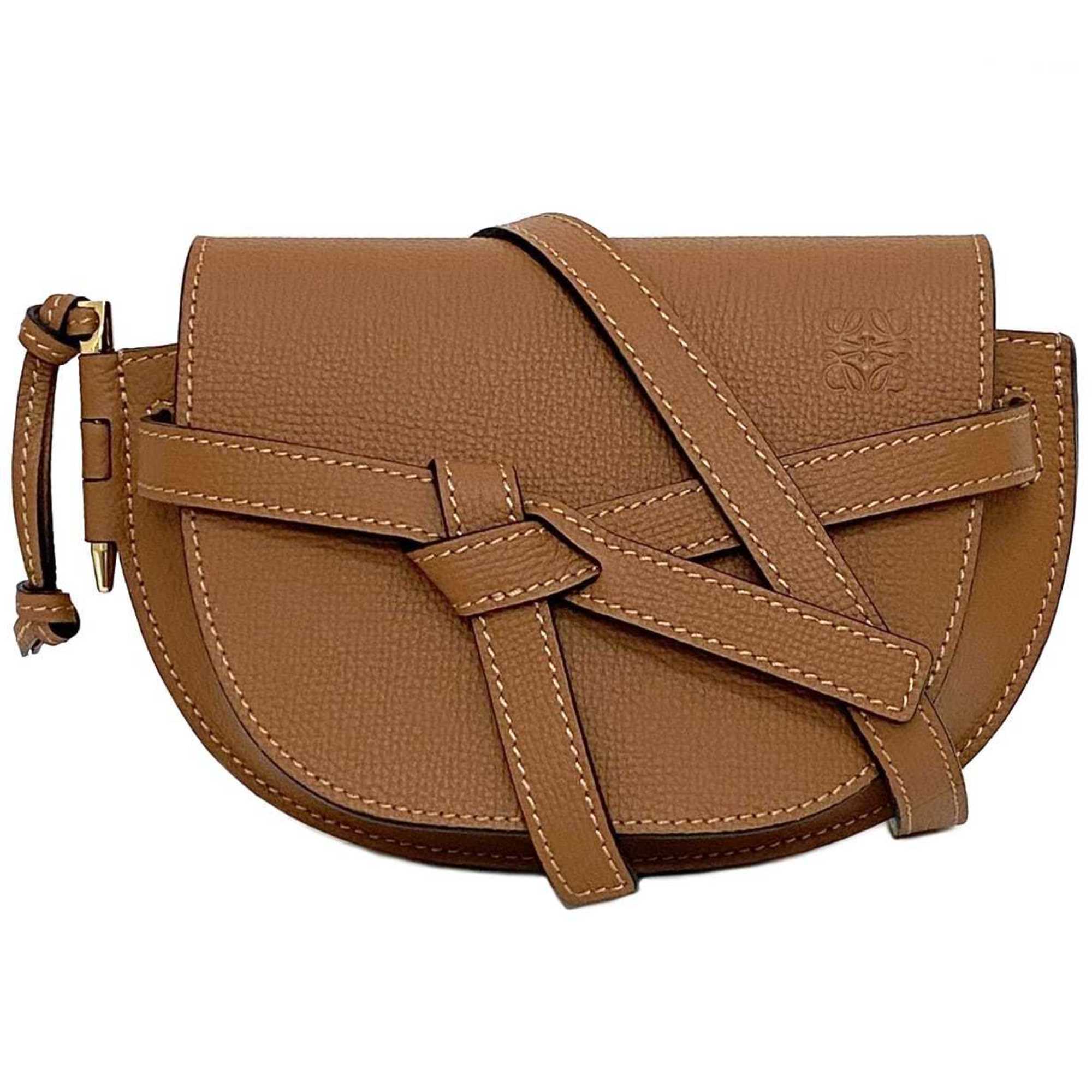 LOEWE Shoulder Bag Gate Brown Grain Leather Flap Belt Anagram Compact Women's