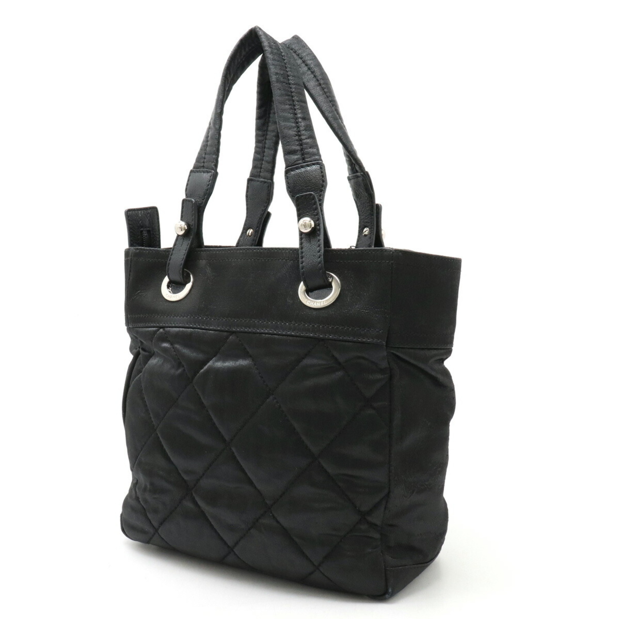 CHANEL Paris Biarritz Tote PM bag Shoulder Satin-like coated canvas Black Charm missing A34208