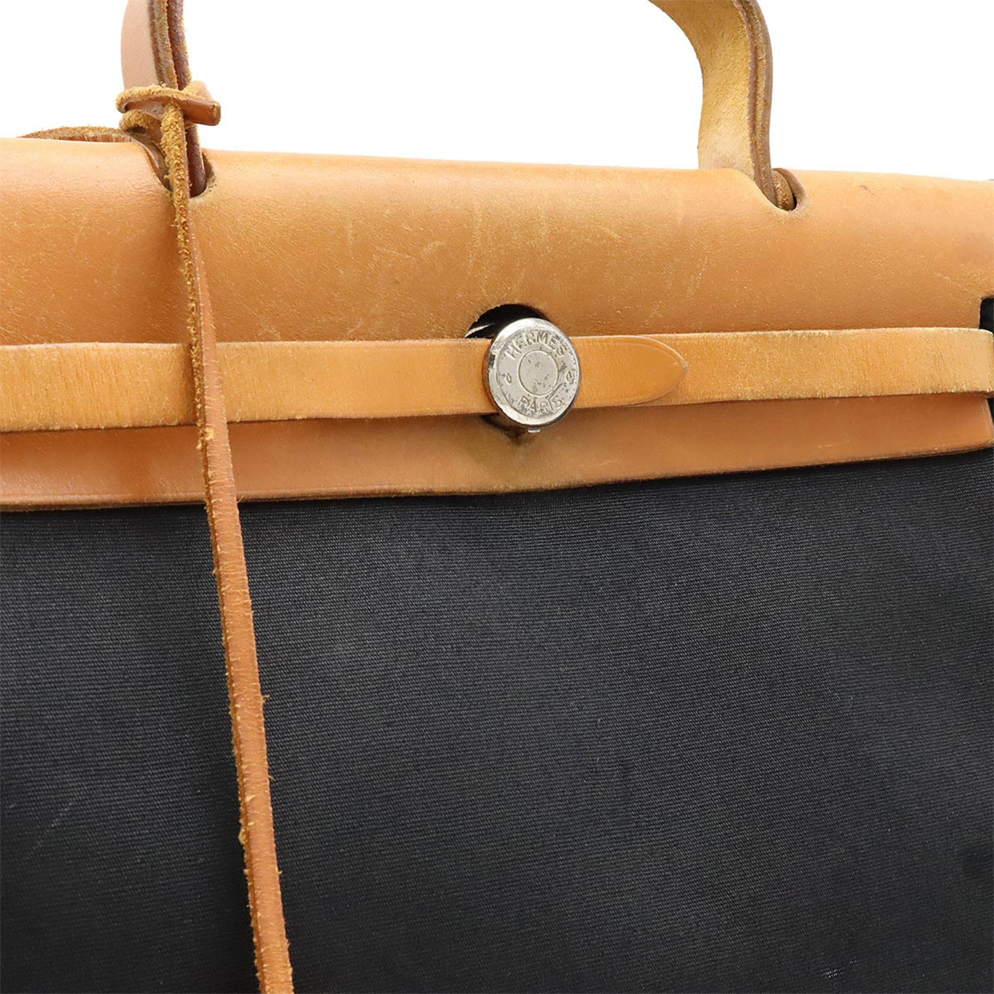 HERMES Hermes Airbag PM Handbag Shoulder Toile H Officier Leather Black Natural E Stamp