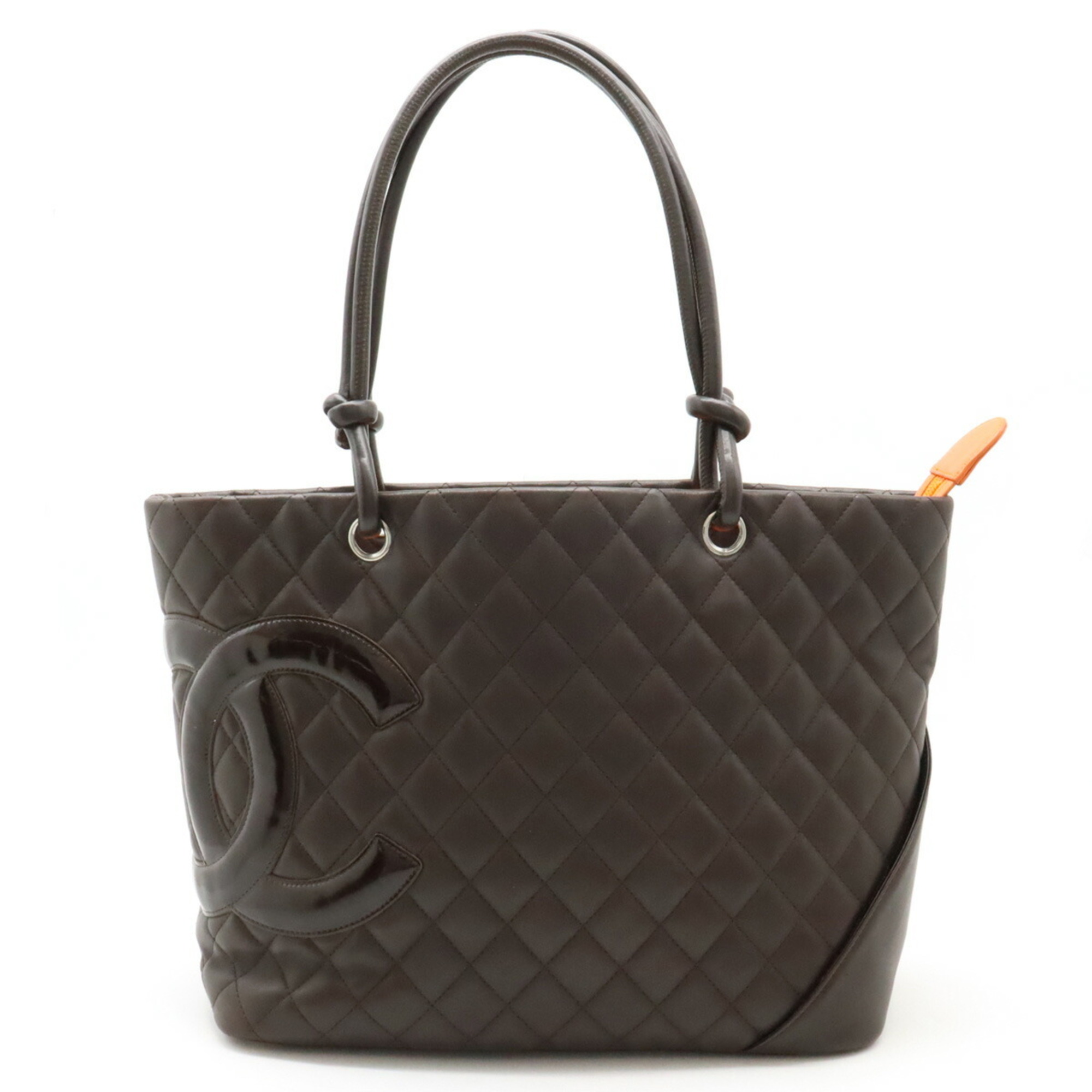 CHANEL Cambon Line Coco Mark Large Tote Shoulder Bag Soft Calfskin Enamel Dark Brown A25169