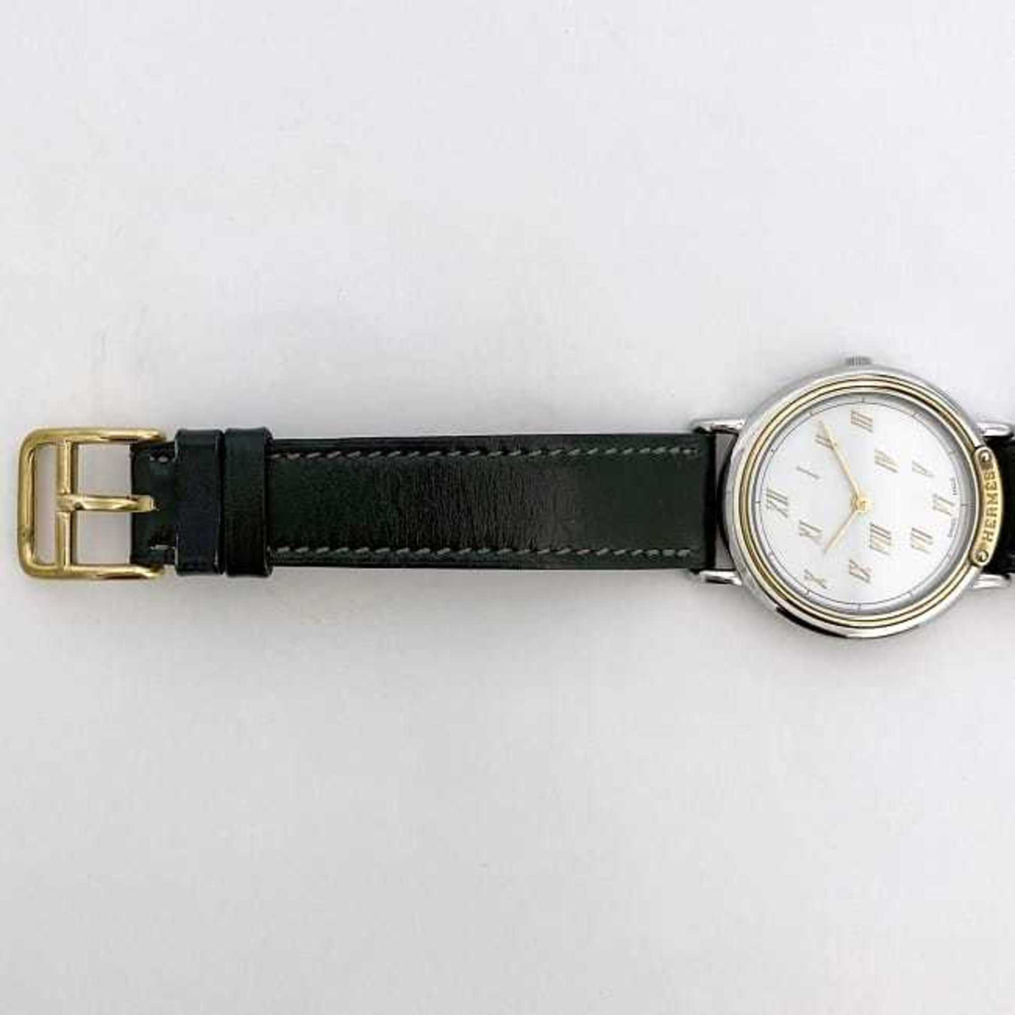 Hermes Watch Meteor f-21083 White Silver Gold Dark Green Boys 32mm SS Leather Quartz 〇T Mark HERMES Battery Operated Dial Round