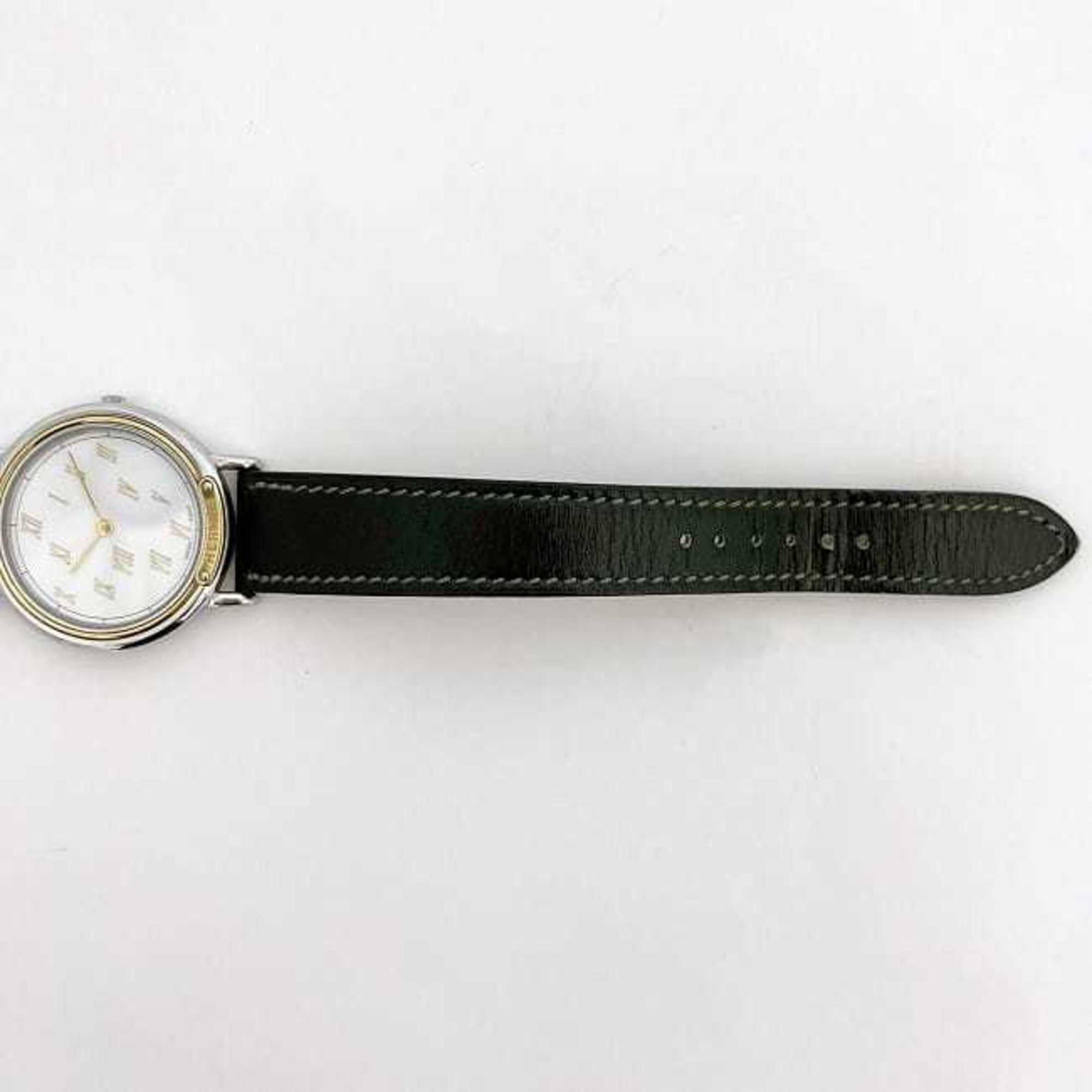 Hermes Watch Meteor f-21083 White Silver Gold Dark Green Boys 32mm SS Leather Quartz 〇T Mark HERMES Battery Operated Dial Round