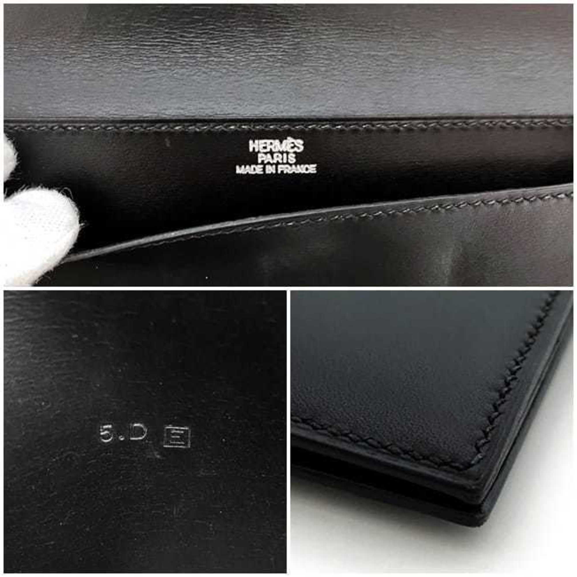 Hermes Bi-fold Long Wallet Fleming Black Billfold Leather Box Calf □E Engraved HERMES Only Men's