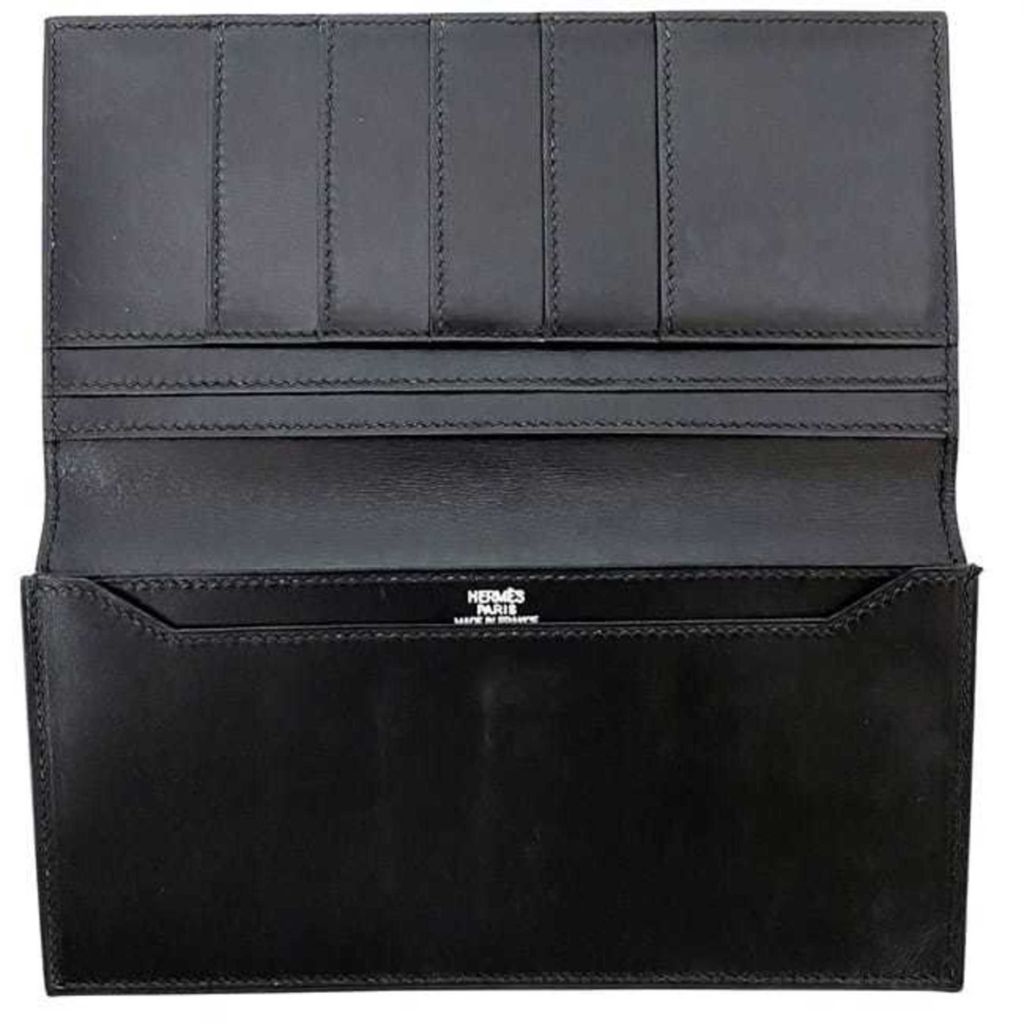 Hermes Bi-fold Long Wallet Fleming Black Billfold Leather Box Calf □E Engraved HERMES Only Men's