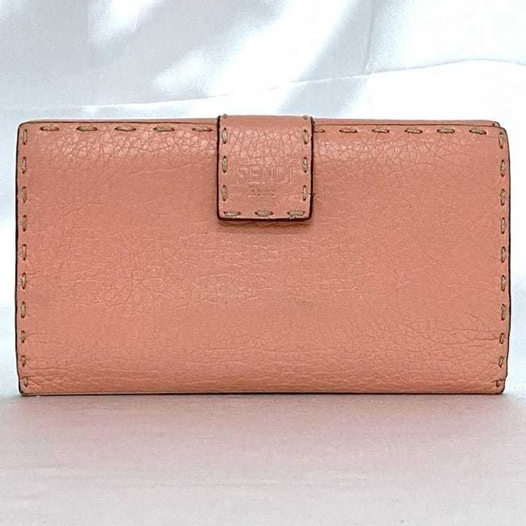 Fendi Bi-fold Pink Beige Selleria 8M0308 Leather FENDI Flap Turnlock Women's Long Wallet