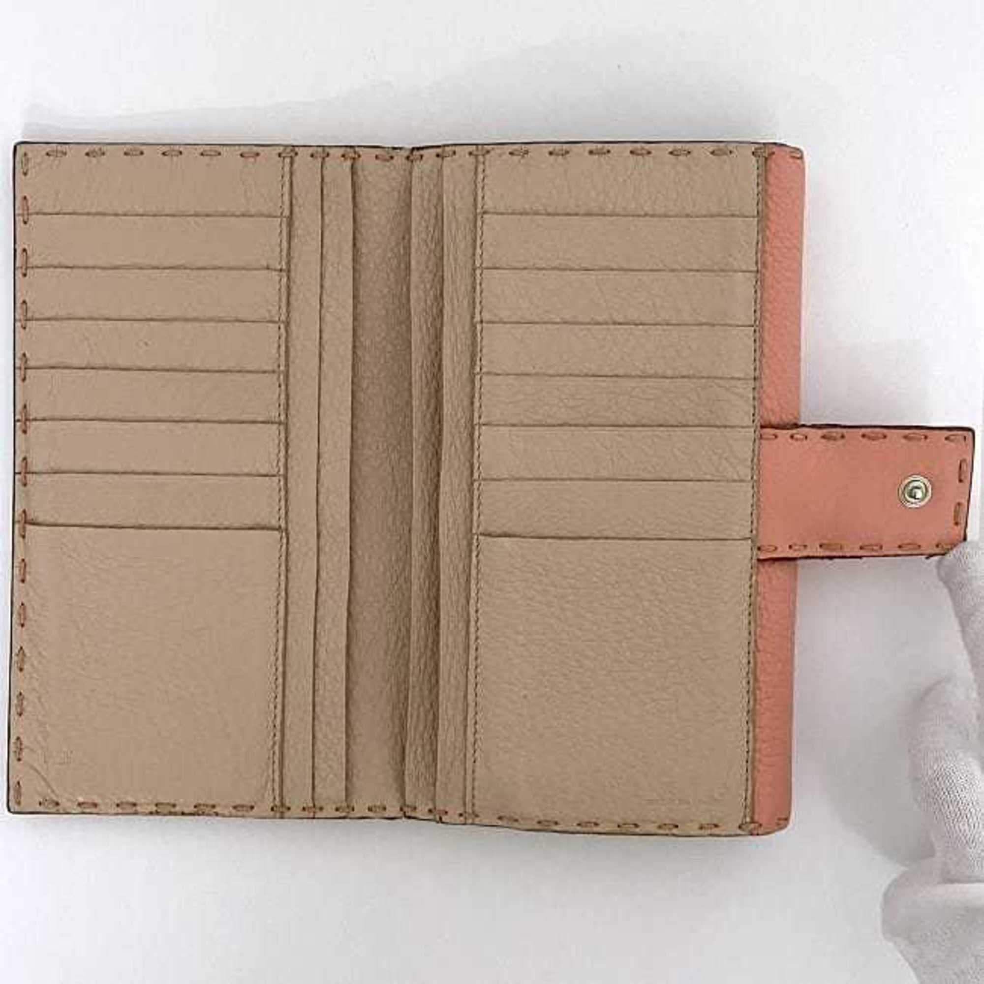 Fendi Bi-fold Pink Beige Selleria 8M0308 Leather FENDI Flap Turnlock Women's Long Wallet