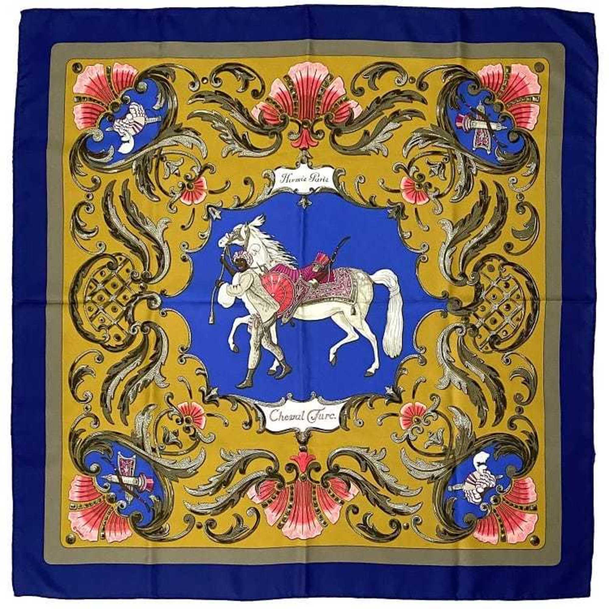 Hermes Scarf Muffler Carre 90 Navy Yellow Gray Turkish Horse 100% Silk HERMES CHEVAL TURC Large Blue Women's Fashion