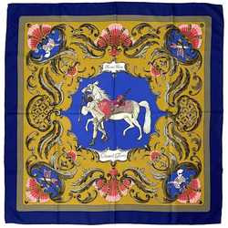 Hermes Scarf Muffler Carre 90 Navy Yellow Gray Turkish Horse 100% Silk HERMES CHEVAL TURC Large Blue Women's Fashion