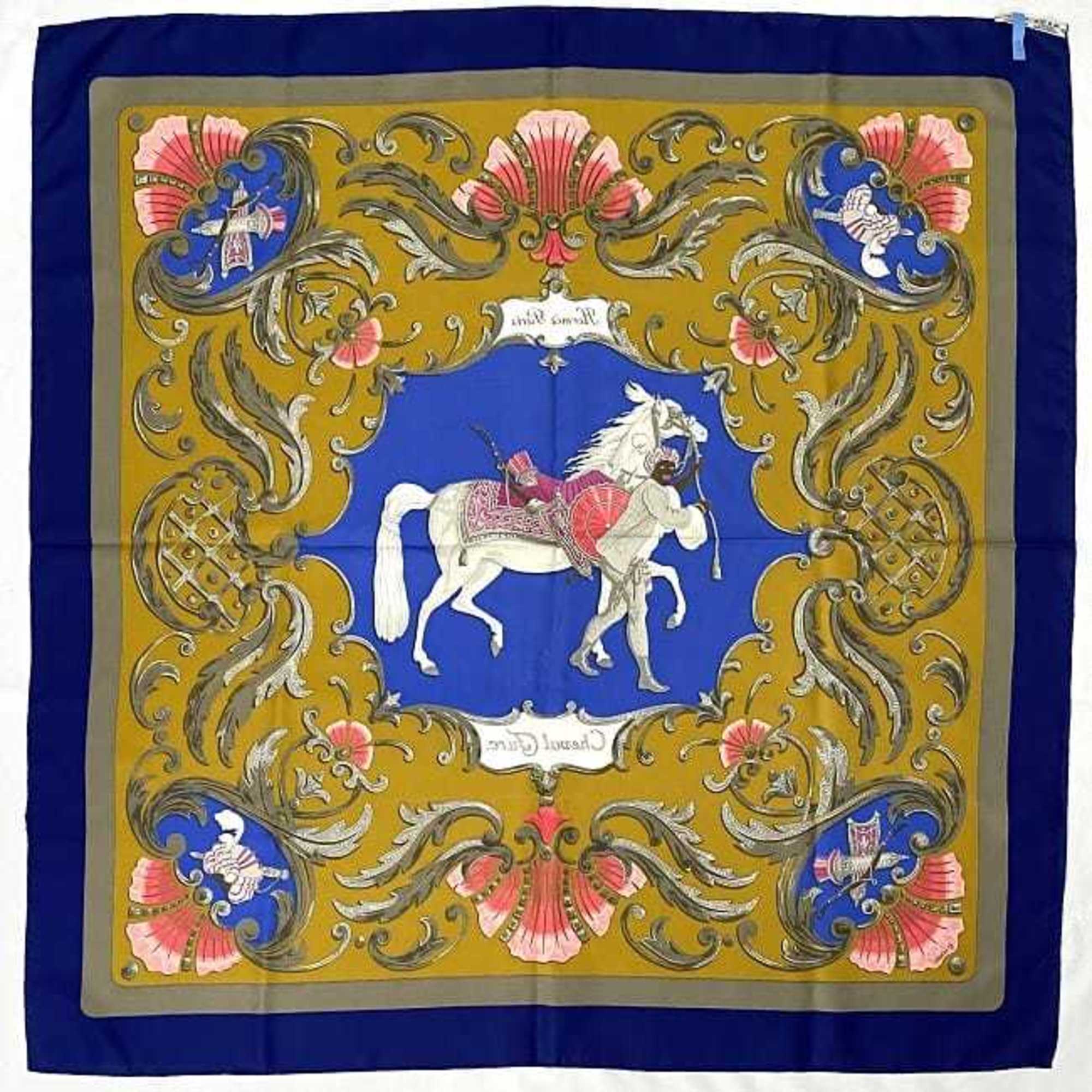 Hermes Scarf Muffler Carre 90 Navy Yellow Gray Turkish Horse 100% Silk HERMES CHEVAL TURC Large Blue Women's Fashion