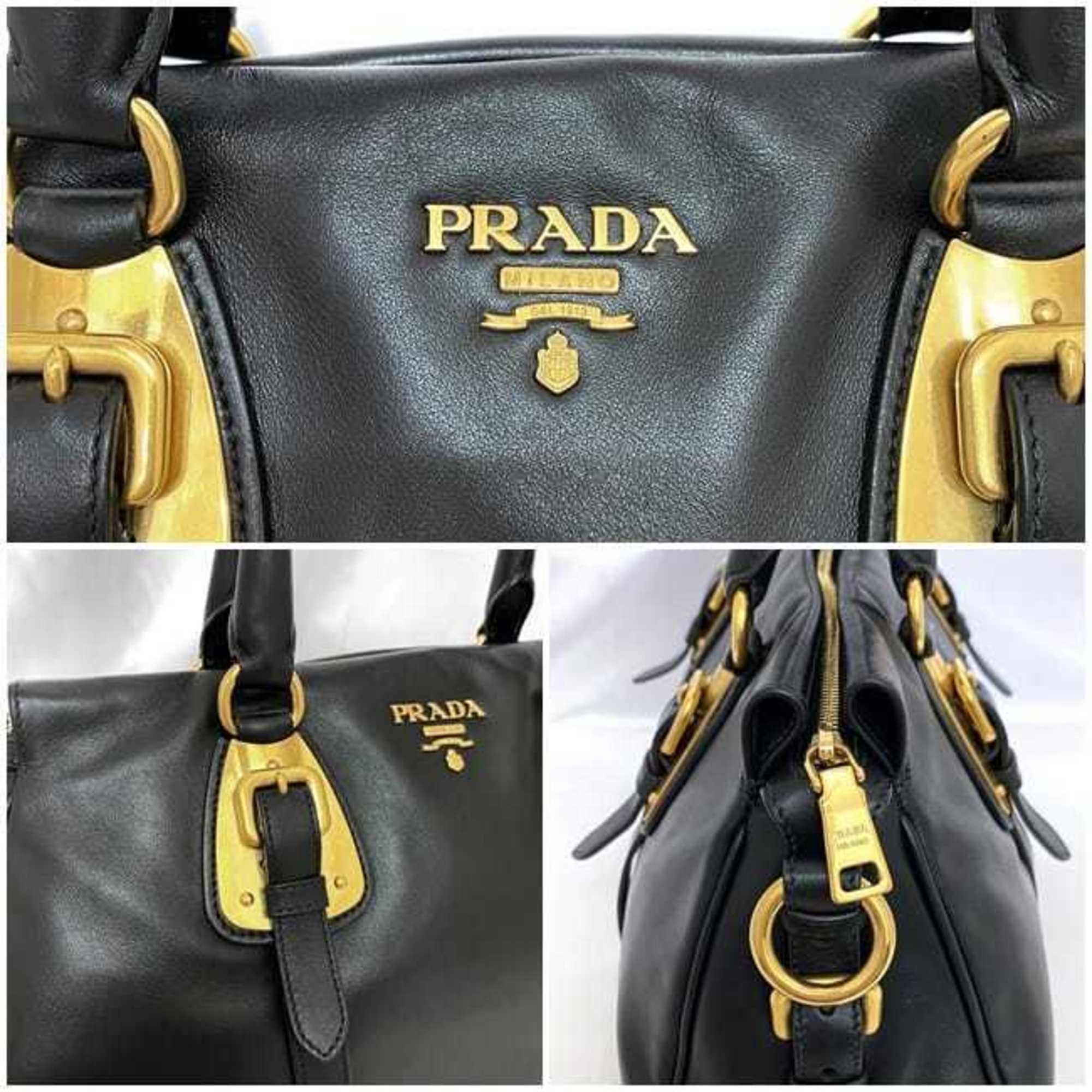 Prada Tote Bag Black BN1903 f-20891 Leather PRADA Metal Fittings Handbag Belt Soft b