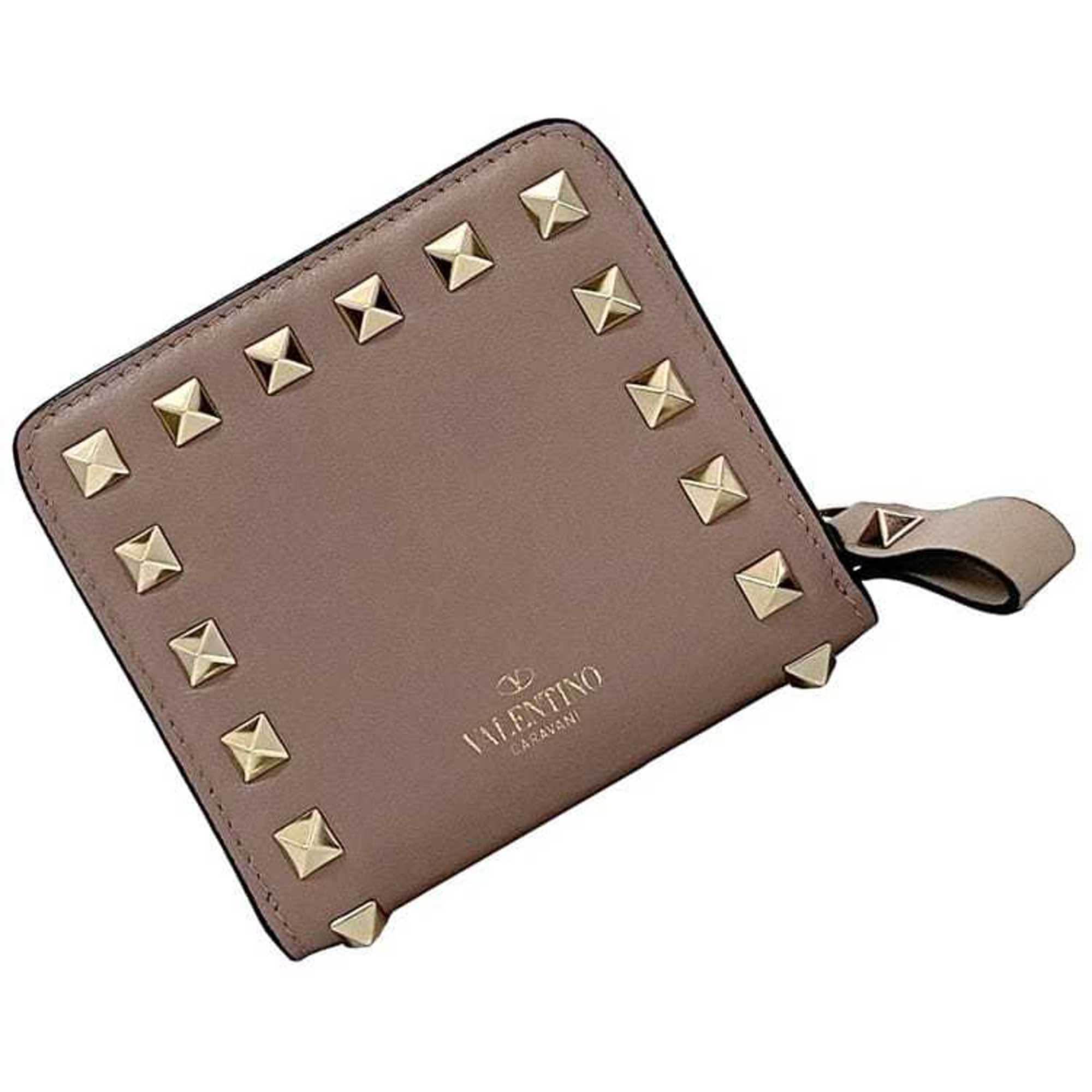 Valentino Garavani Bi-fold Wallet ec-20994 Beige Pink RW2P0R22BOL Leather Studded Compact Women's