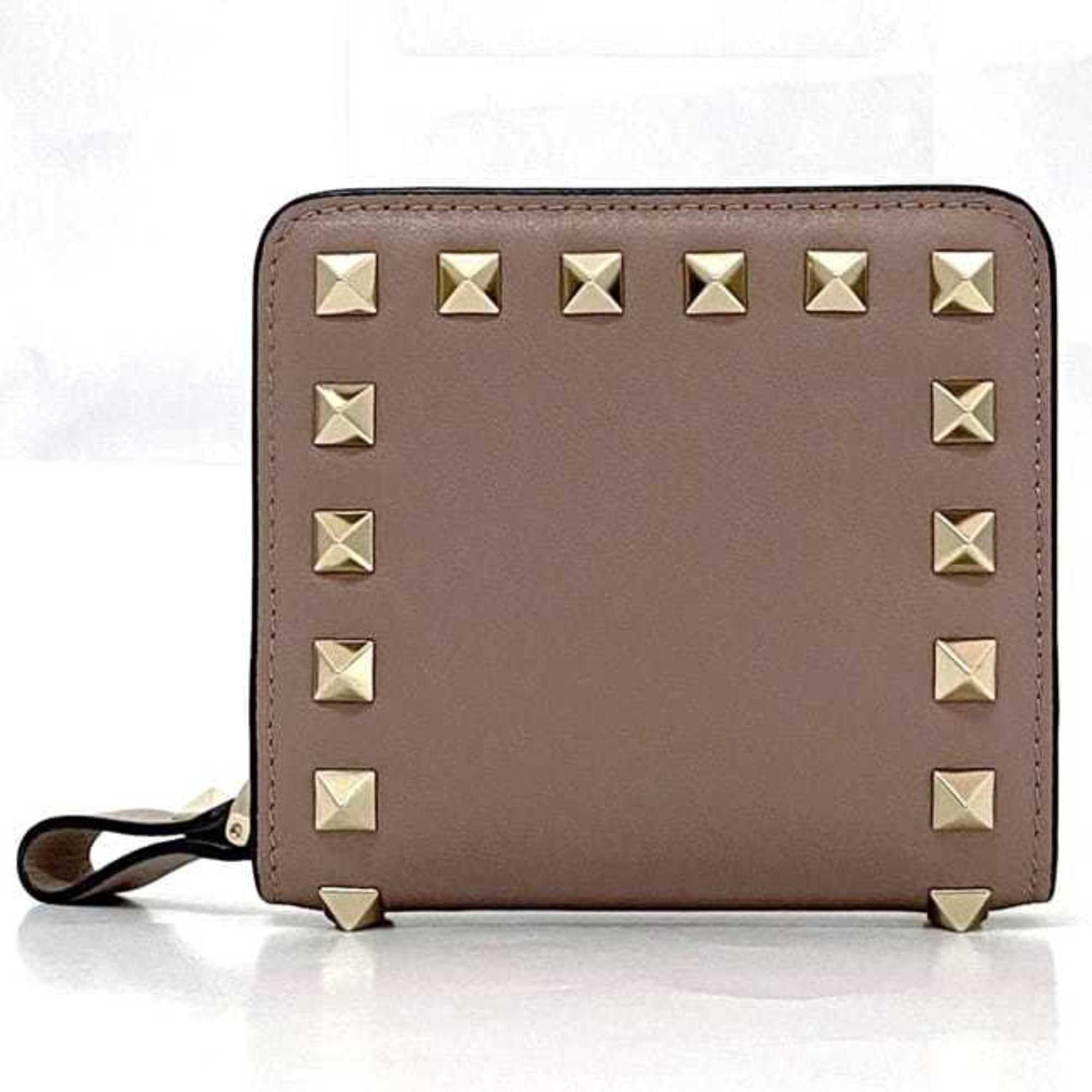 Valentino Garavani Bi-fold Wallet ec-20994 Beige Pink RW2P0R22BOL Leather Studded Compact Women's