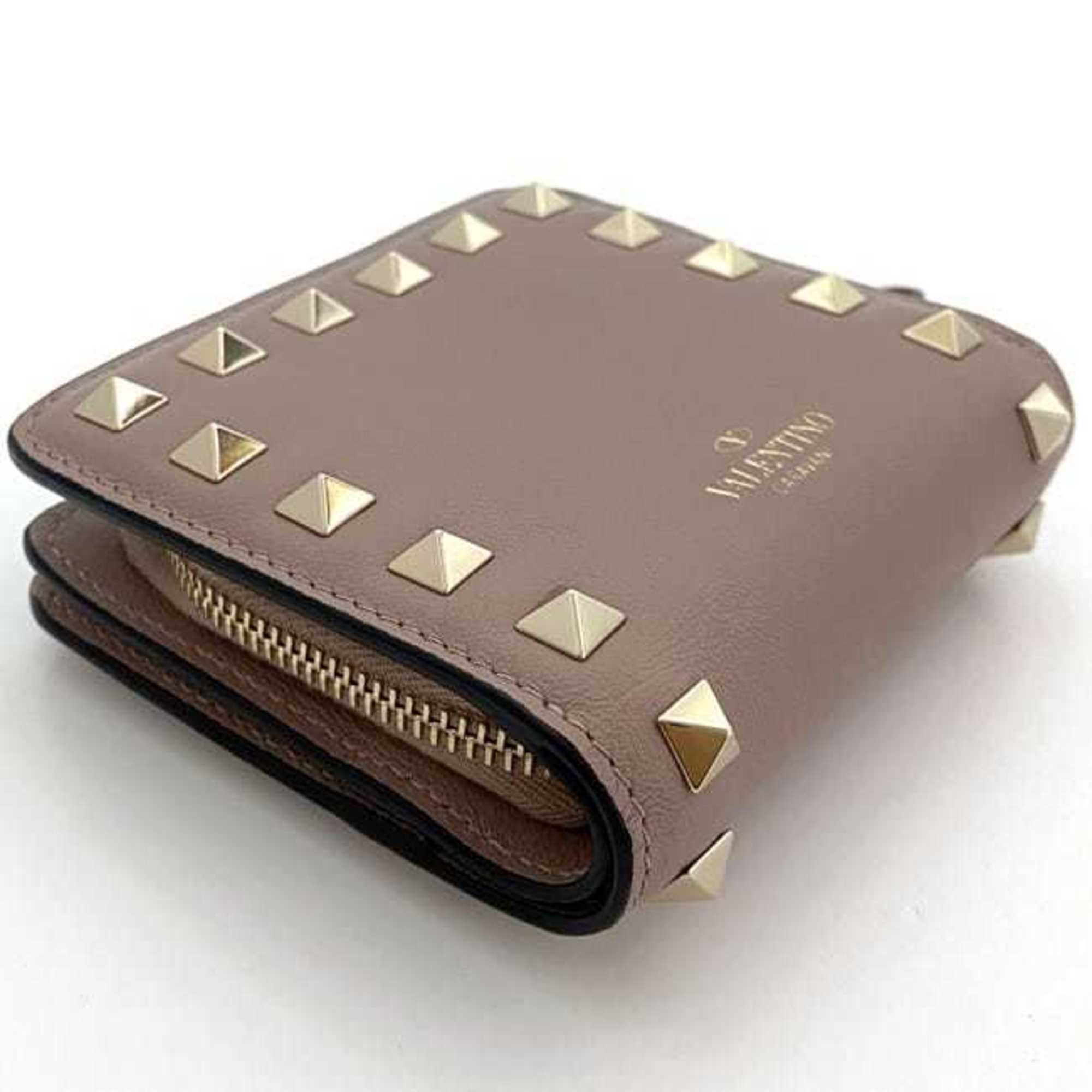 Valentino Garavani Bi-fold Wallet ec-20994 Beige Pink RW2P0R22BOL Leather Studded Compact Women's