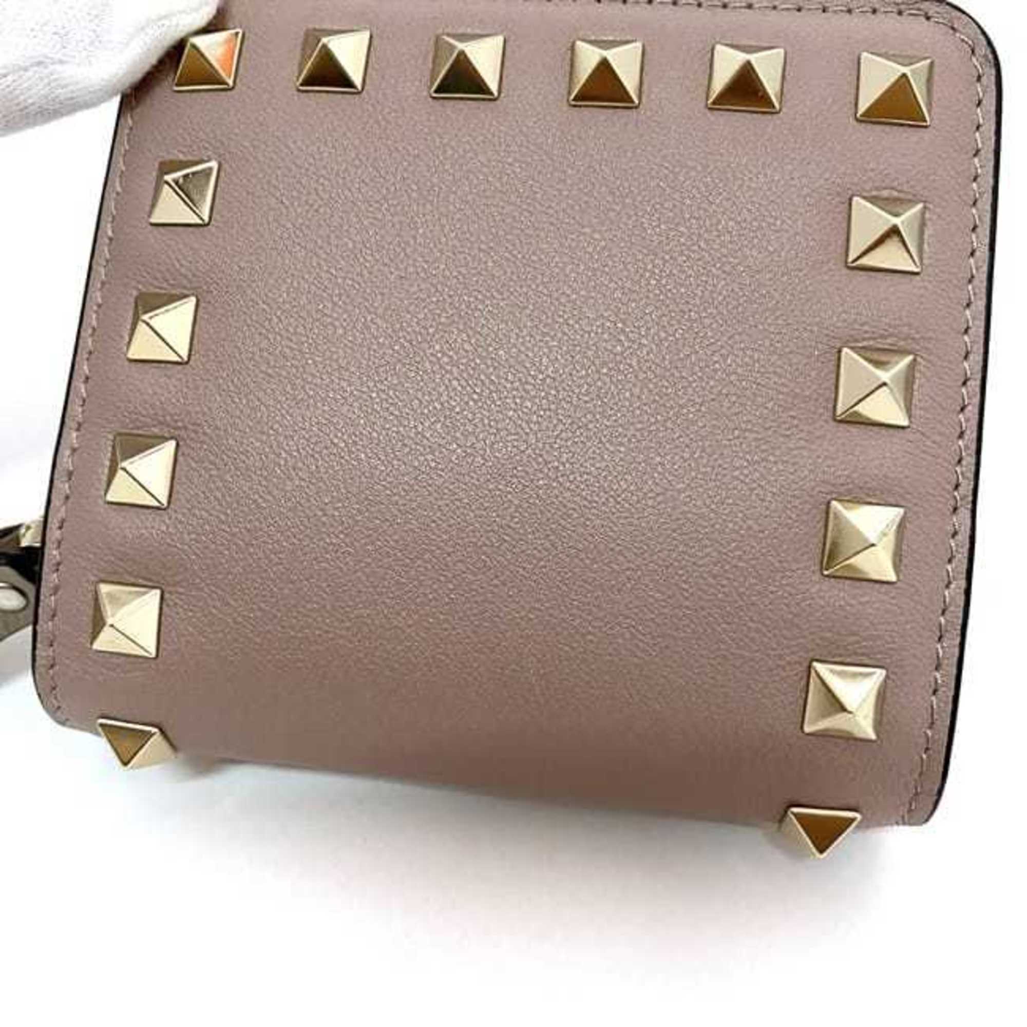 Valentino Garavani Bi-fold Wallet ec-20994 Beige Pink RW2P0R22BOL Leather Studded Compact Women's