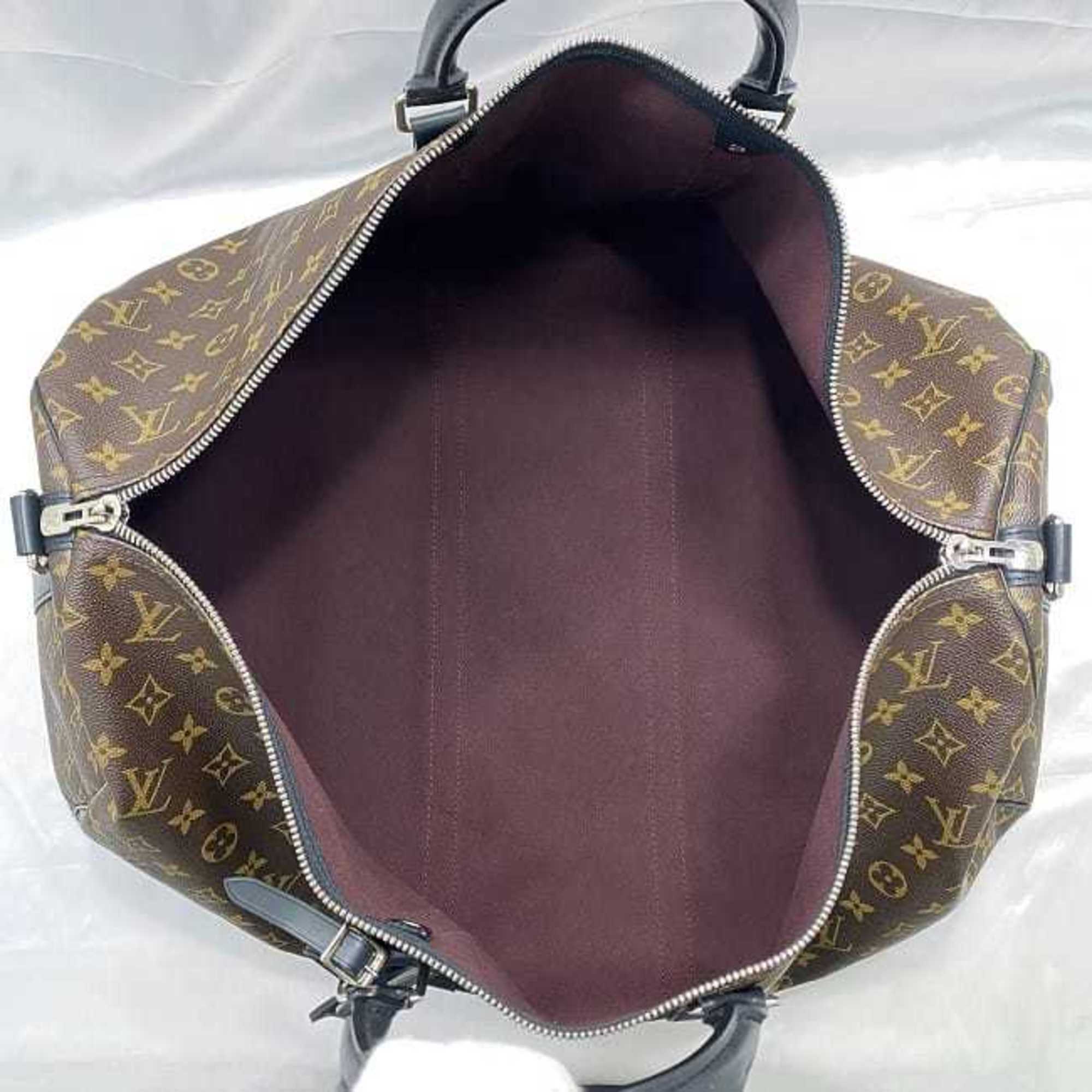 Louis Vuitton 2-way Boston Bag Keepall 55 Bandouliere Brown Black Monogram Macassar M56714 Shoulder Canvas Leather AA1107 LOUIS VUITTON