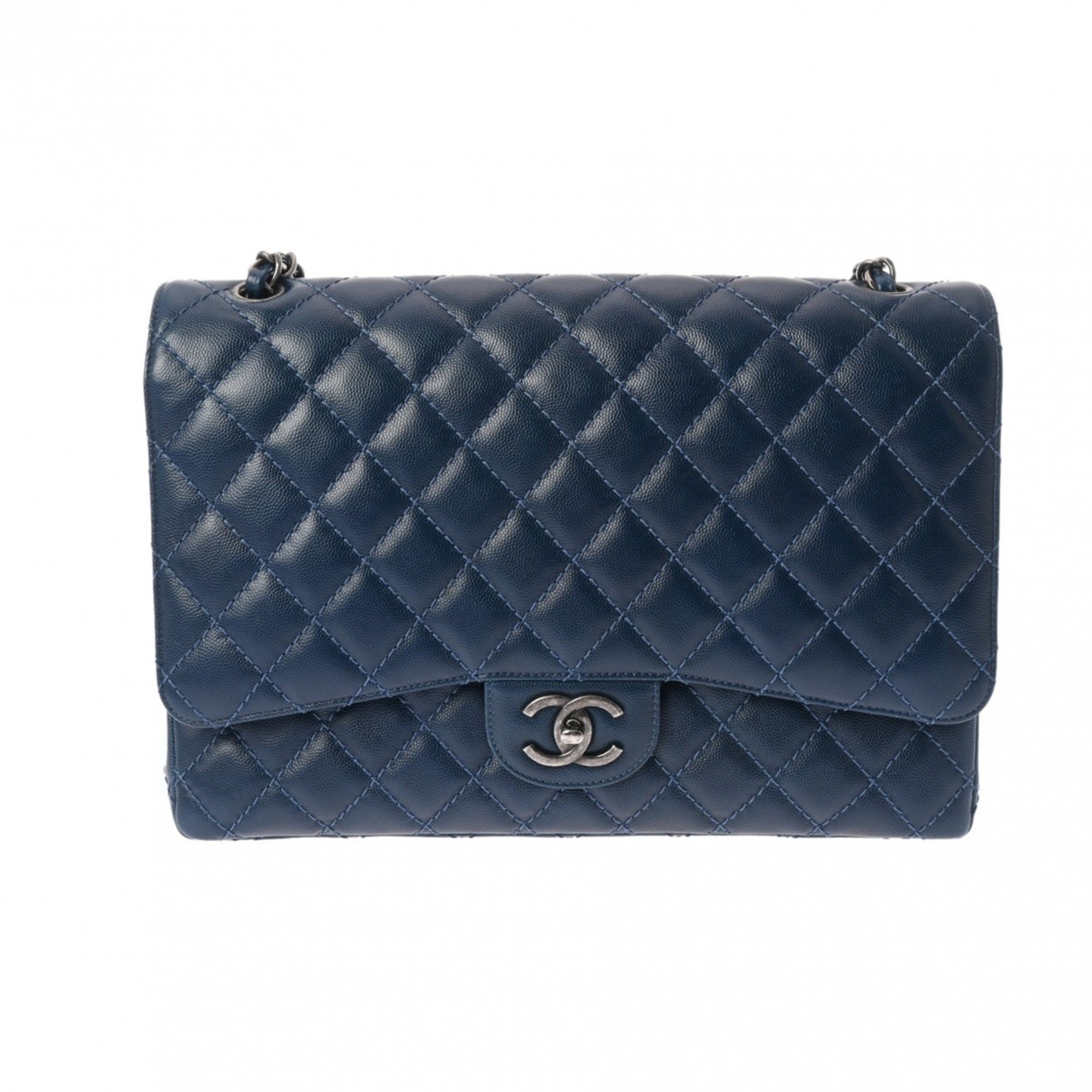 CHANEL Chanel Matelasse W-Flap Chain Shoulder Bag 33cm Blue A58601 Women's Caviar Skin