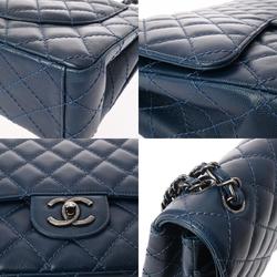 CHANEL Chanel Matelasse W-Flap Chain Shoulder Bag 33cm Blue A58601 Women's Caviar Skin