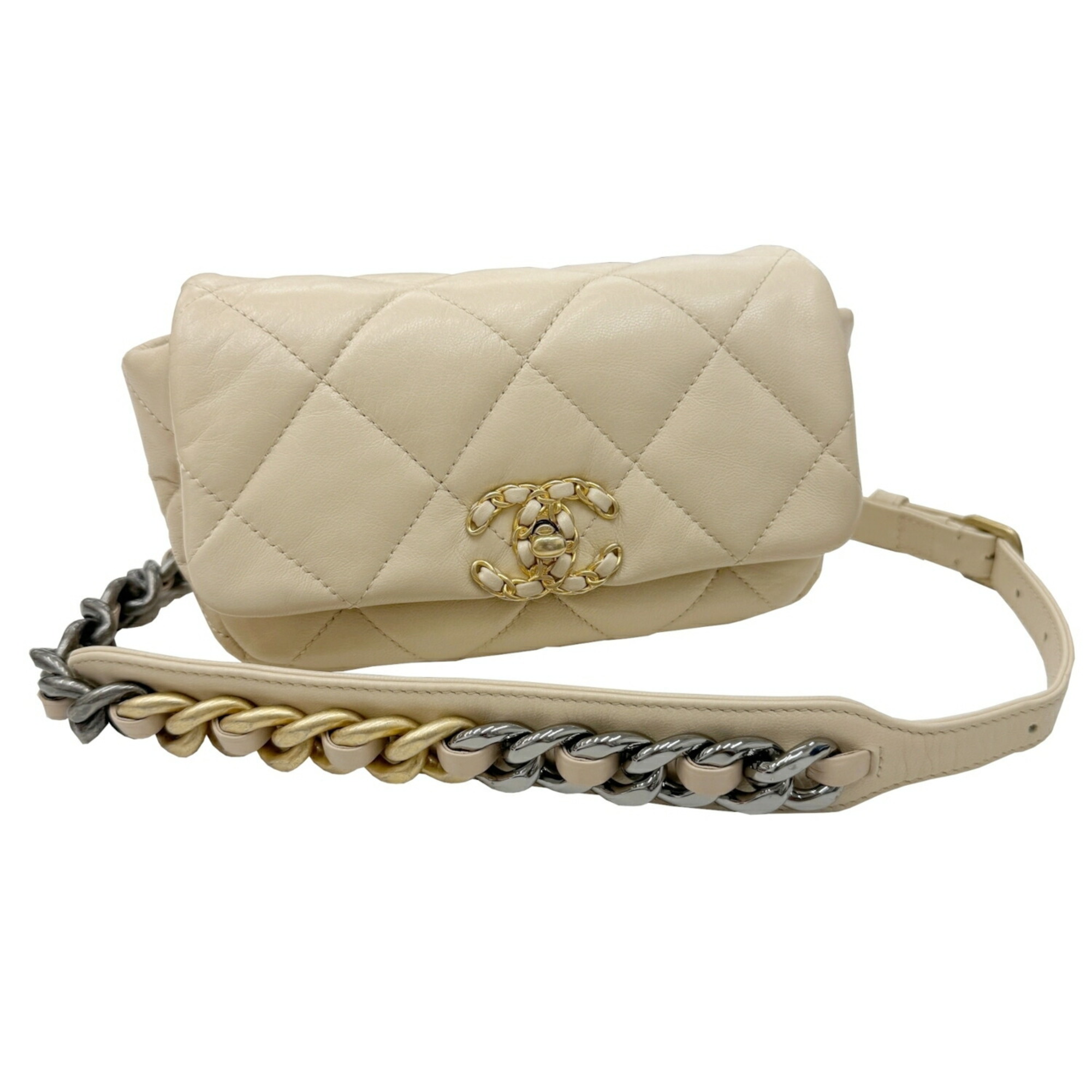 Chanel CHANEL Body Bag 19 Chain Shoulder 30 Series Lambskin AS1163 Waist Belt Beige Women's