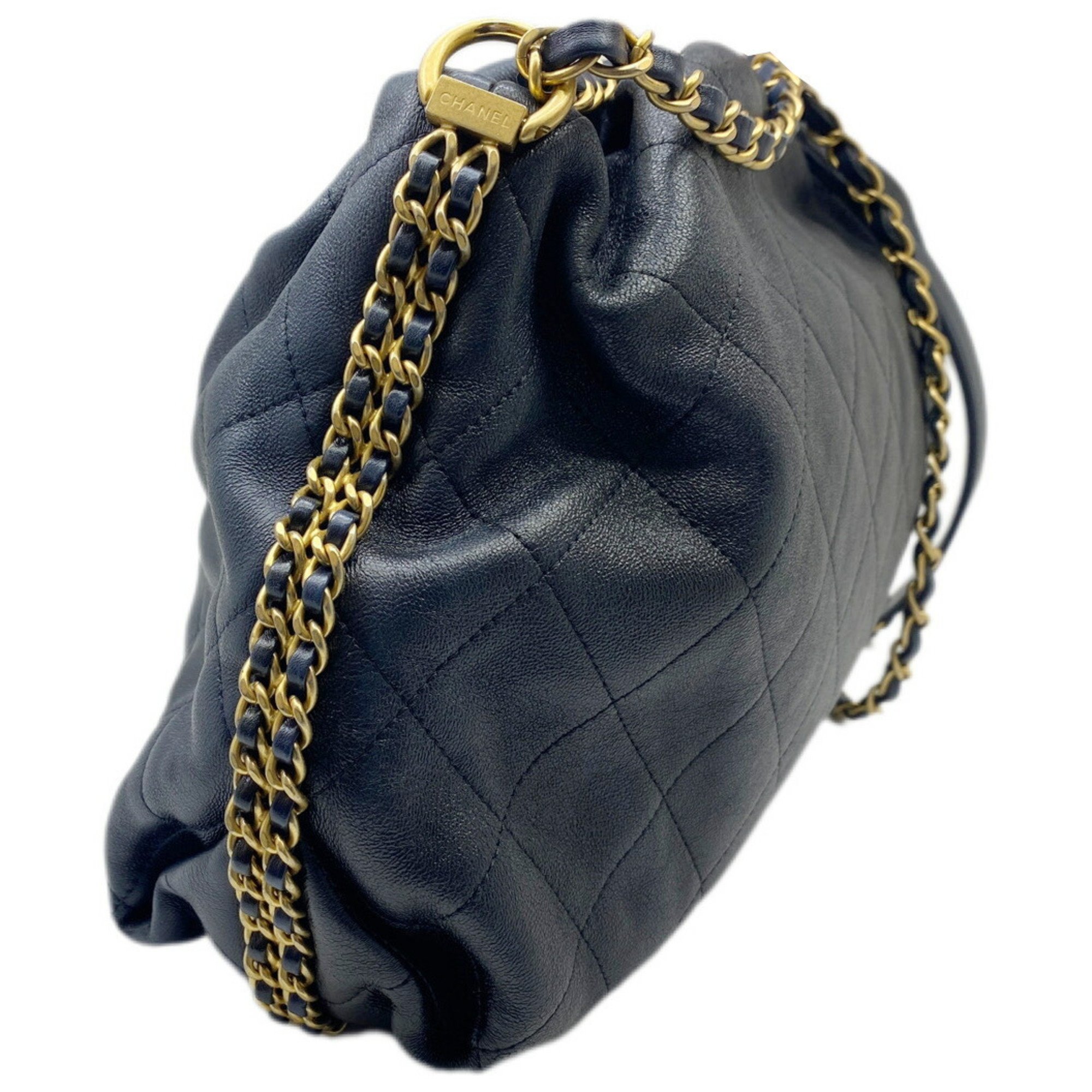 CHANEL Chanel Chain Shoulder Leather Black Navy Bag Double Women's Men's