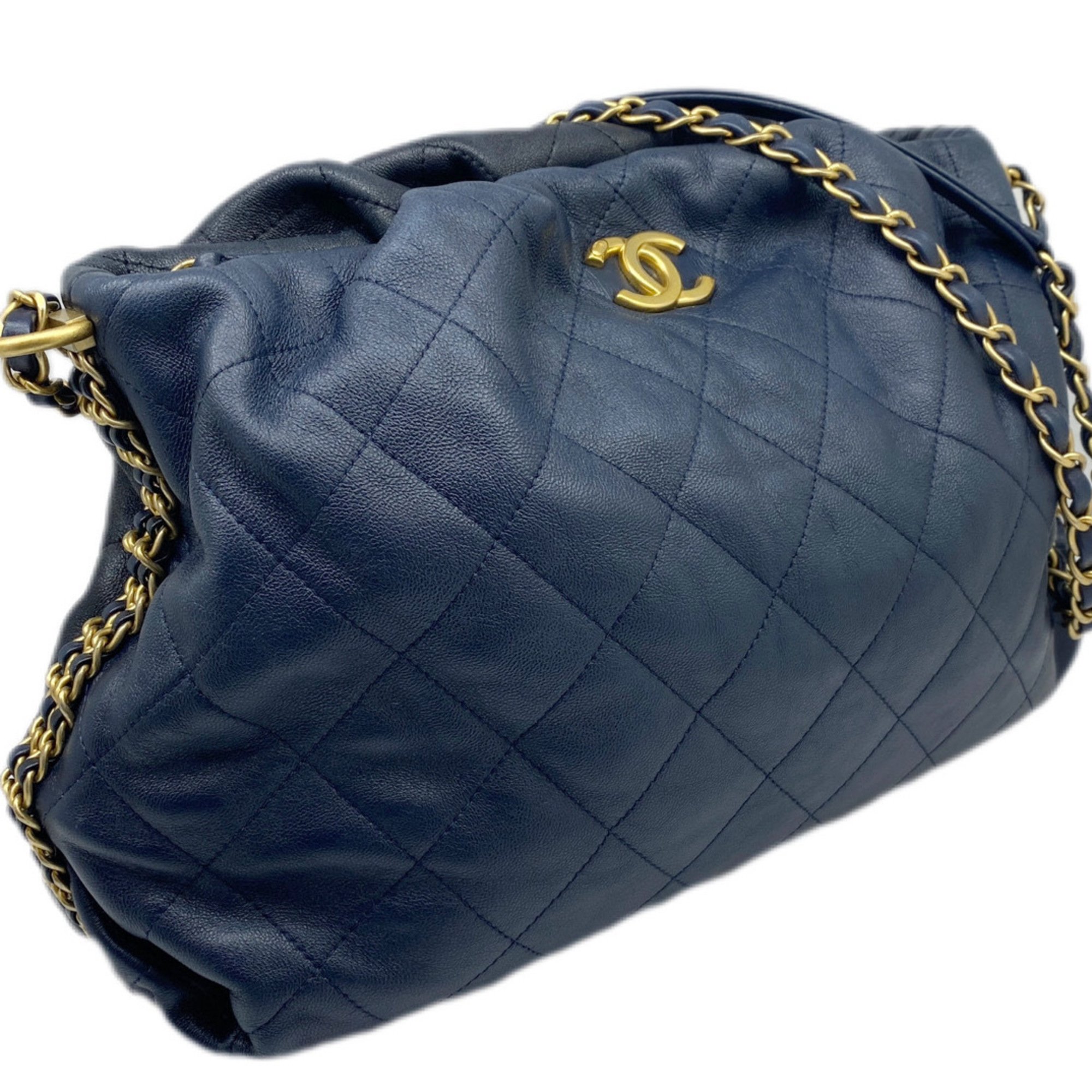 CHANEL Chanel Chain Shoulder Leather Black Navy Bag Double Women's Men's