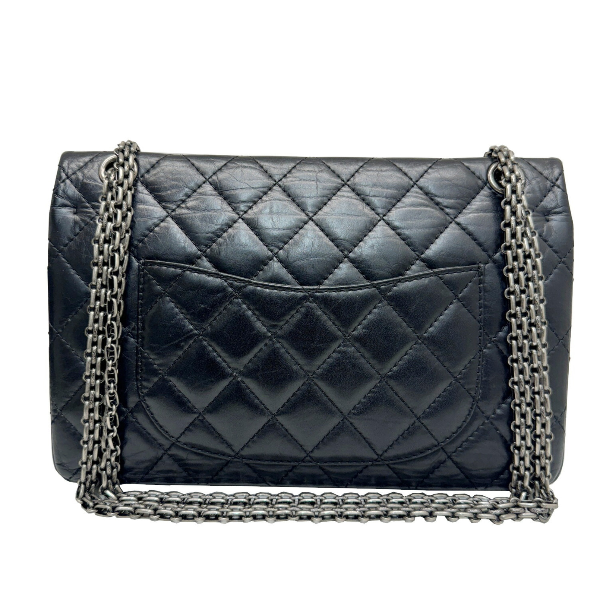 CHANEL 2.55 Matelasse Chain Shoulder Bag in Calf Leather A37587, 15 Series, Black, Metal Fittings, Women's