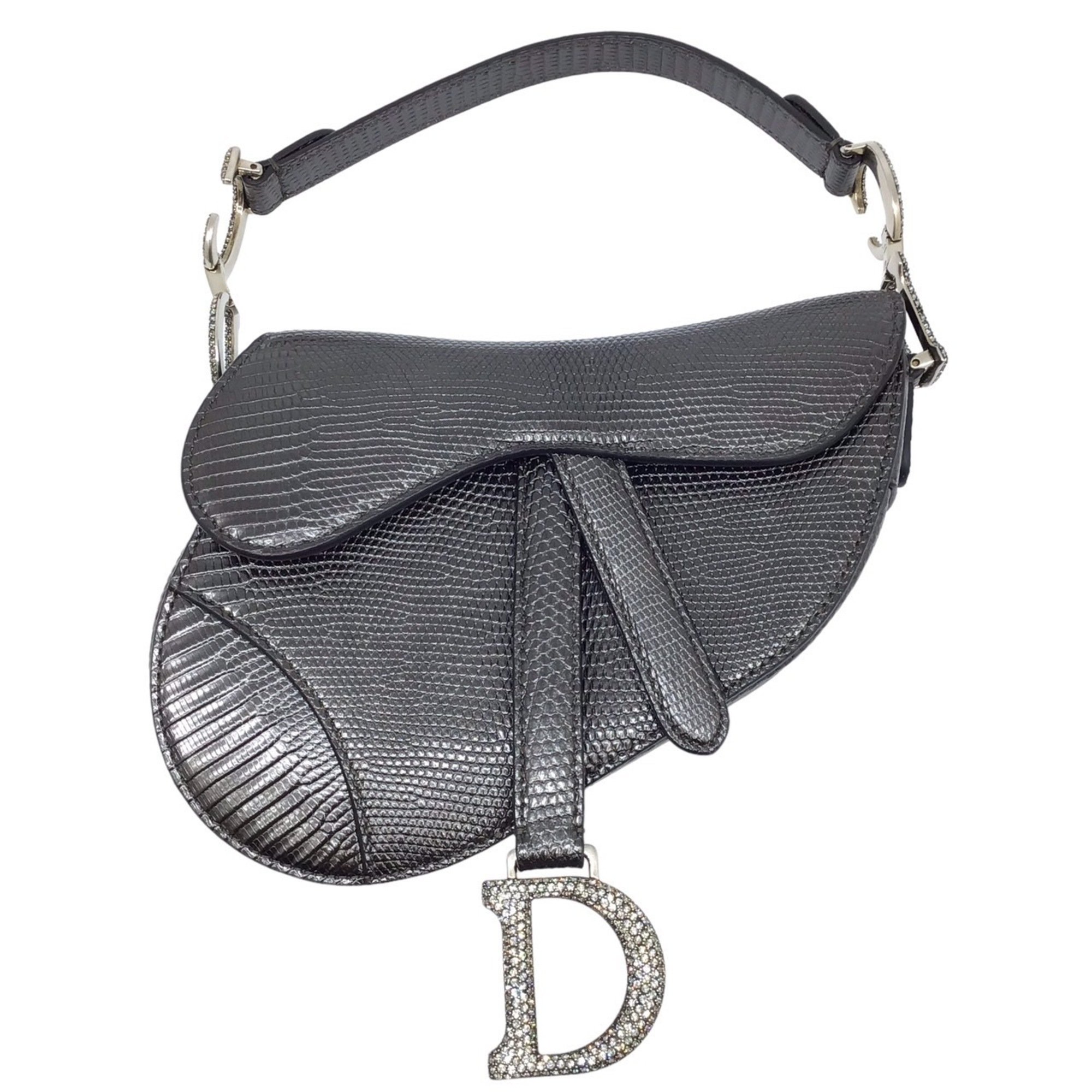 DIOR Christian Dior Saddle Bag Rhinestone Leather Dark Gray Compact Shoulder Women's