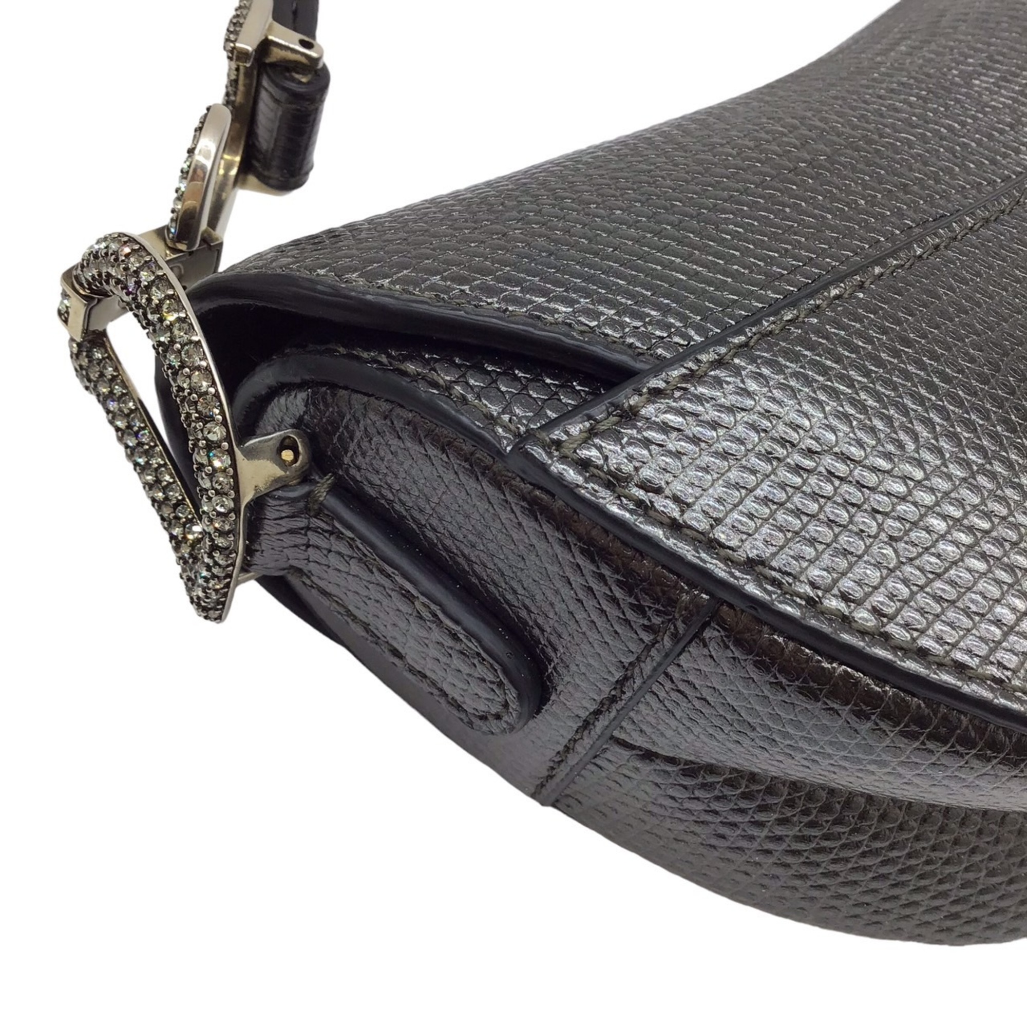 DIOR Christian Dior Saddle Bag Rhinestone Leather Dark Gray Compact Shoulder Women's