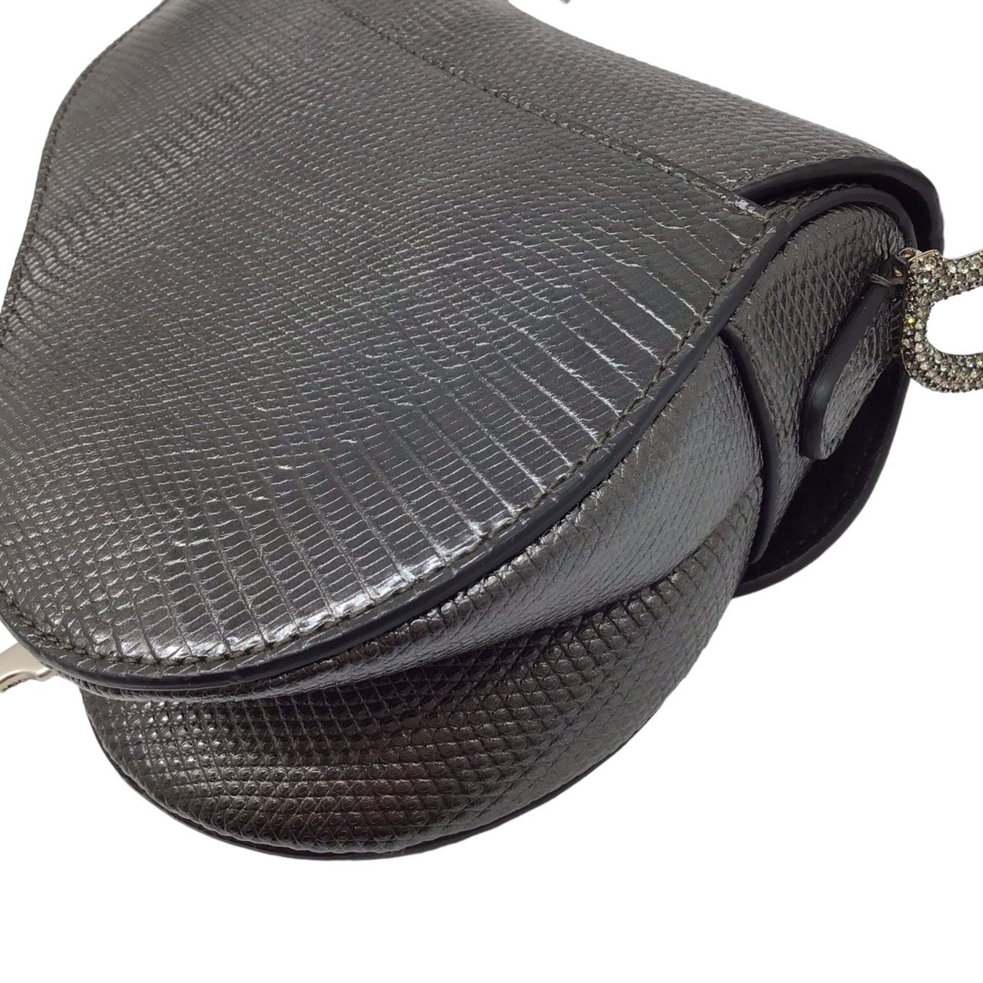 DIOR Christian Dior Saddle Bag Rhinestone Leather Dark Gray Compact Shoulder Women's