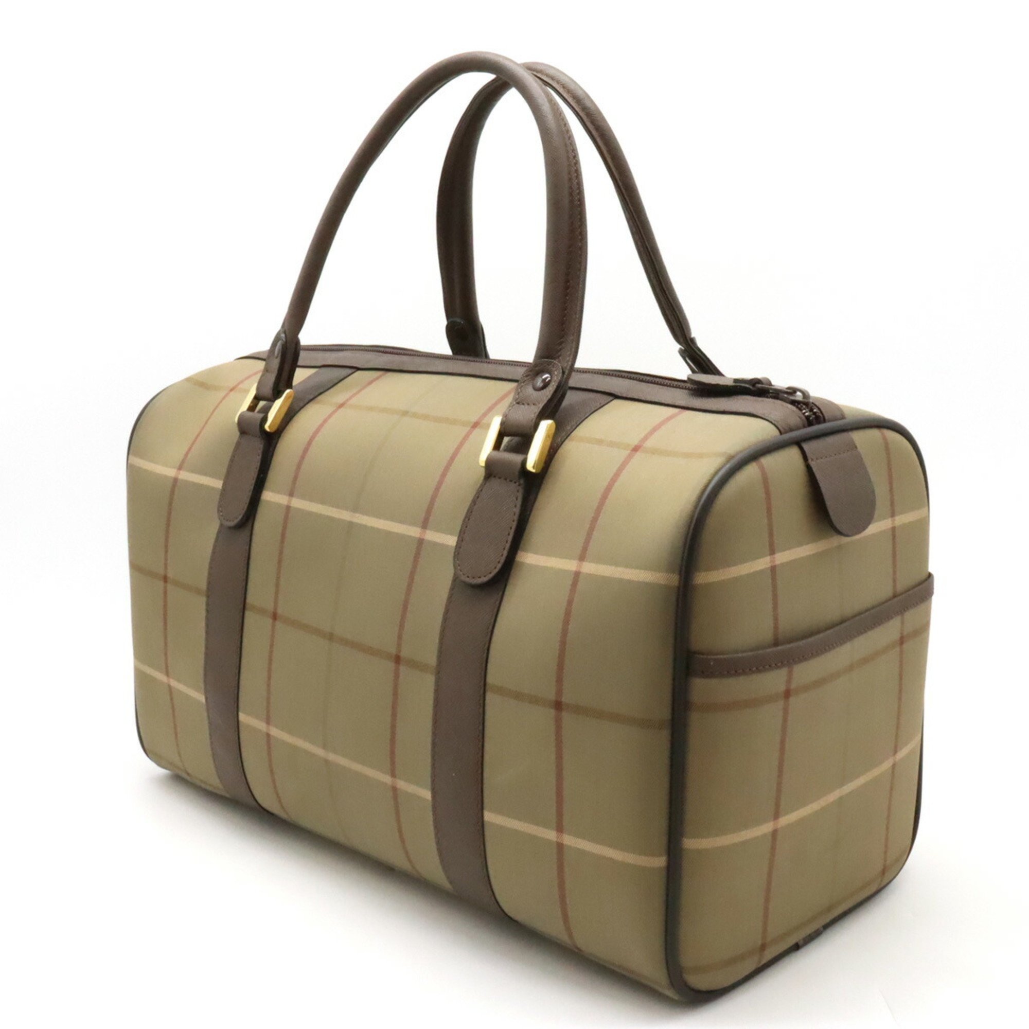 BURBERRY Check pattern Boston bag Travel Canvas Leather Khaki Dark brown