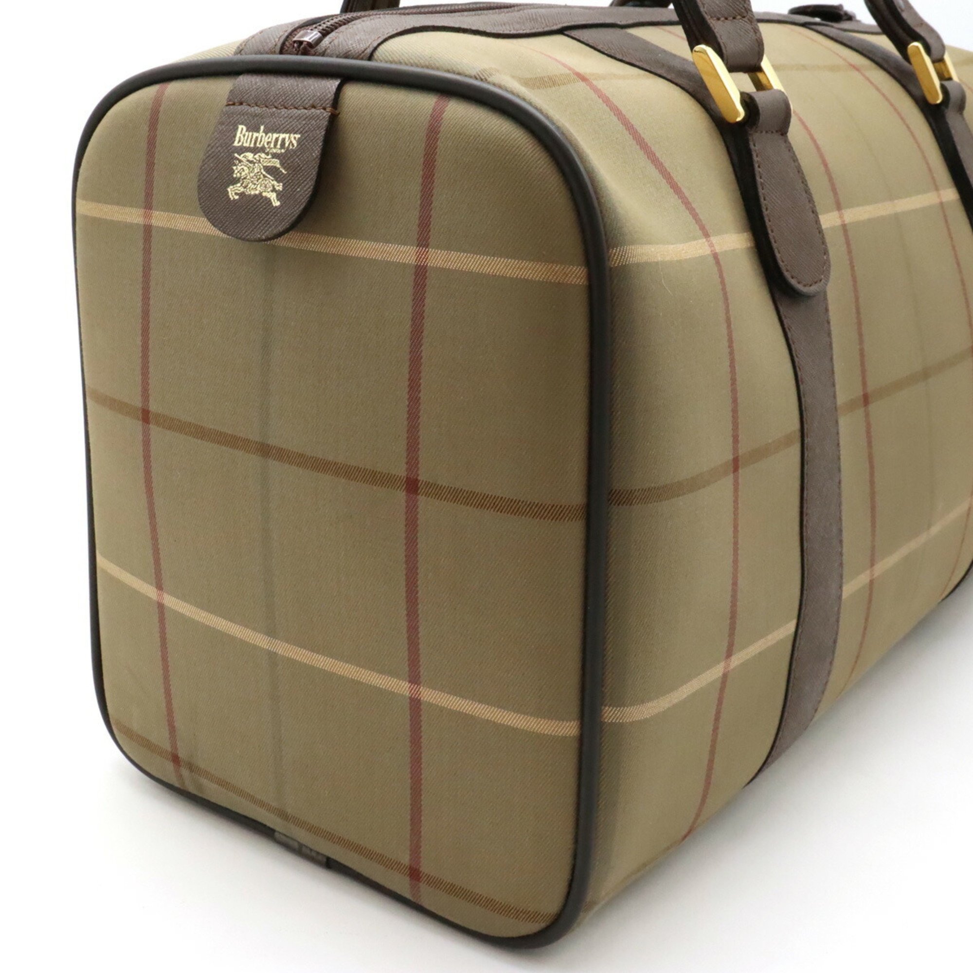 BURBERRY Check pattern Boston bag Travel Canvas Leather Khaki Dark brown