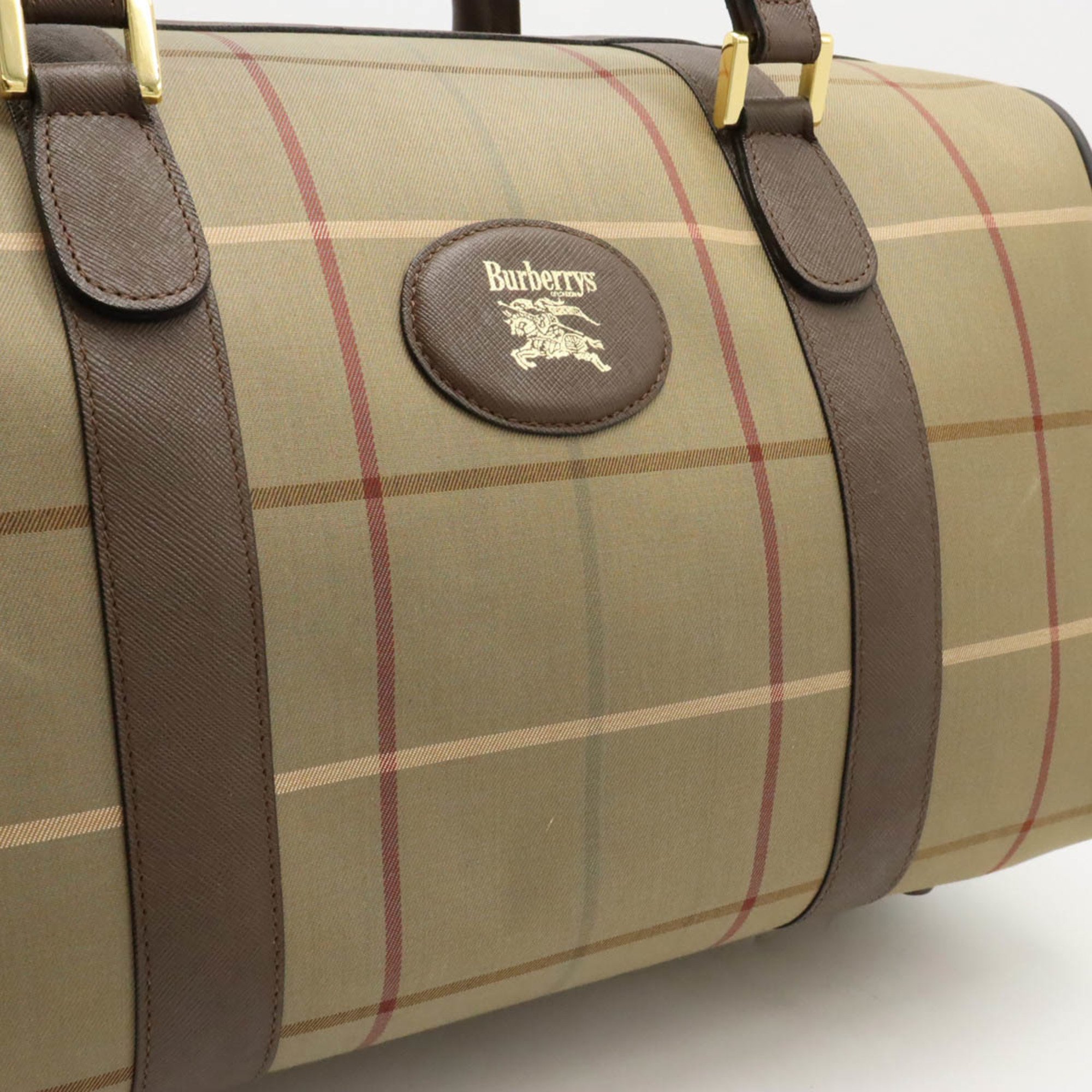 BURBERRY Check pattern Boston bag Travel Canvas Leather Khaki Dark brown