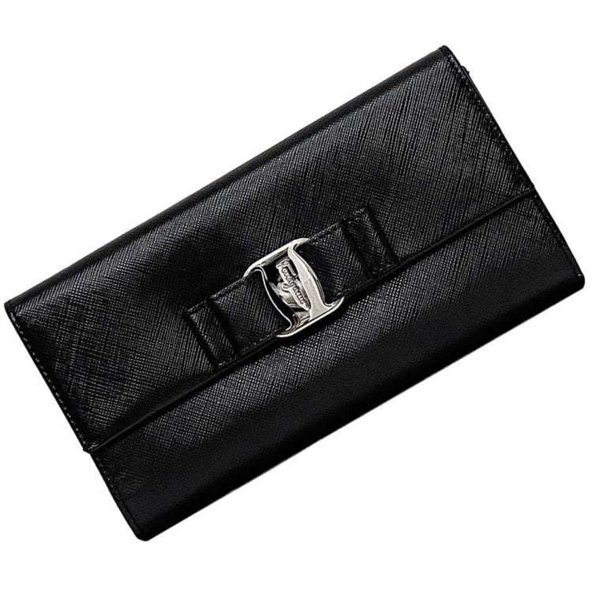 Salvatore Ferragamo Tri-fold Long Wallet ec-21012 Black Vara Ribbon Grain Leather IY-22/A366 Clear Women's