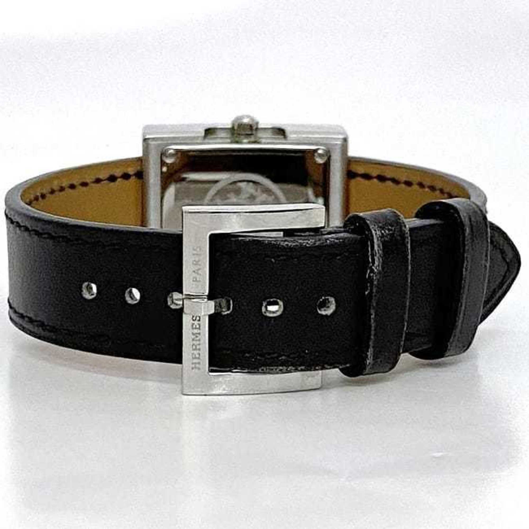 Hermes Watch Belt White Silver Black BE1.110 Women's SS Leather Quartz □F Stamp HERMES Battery Operated 22mm