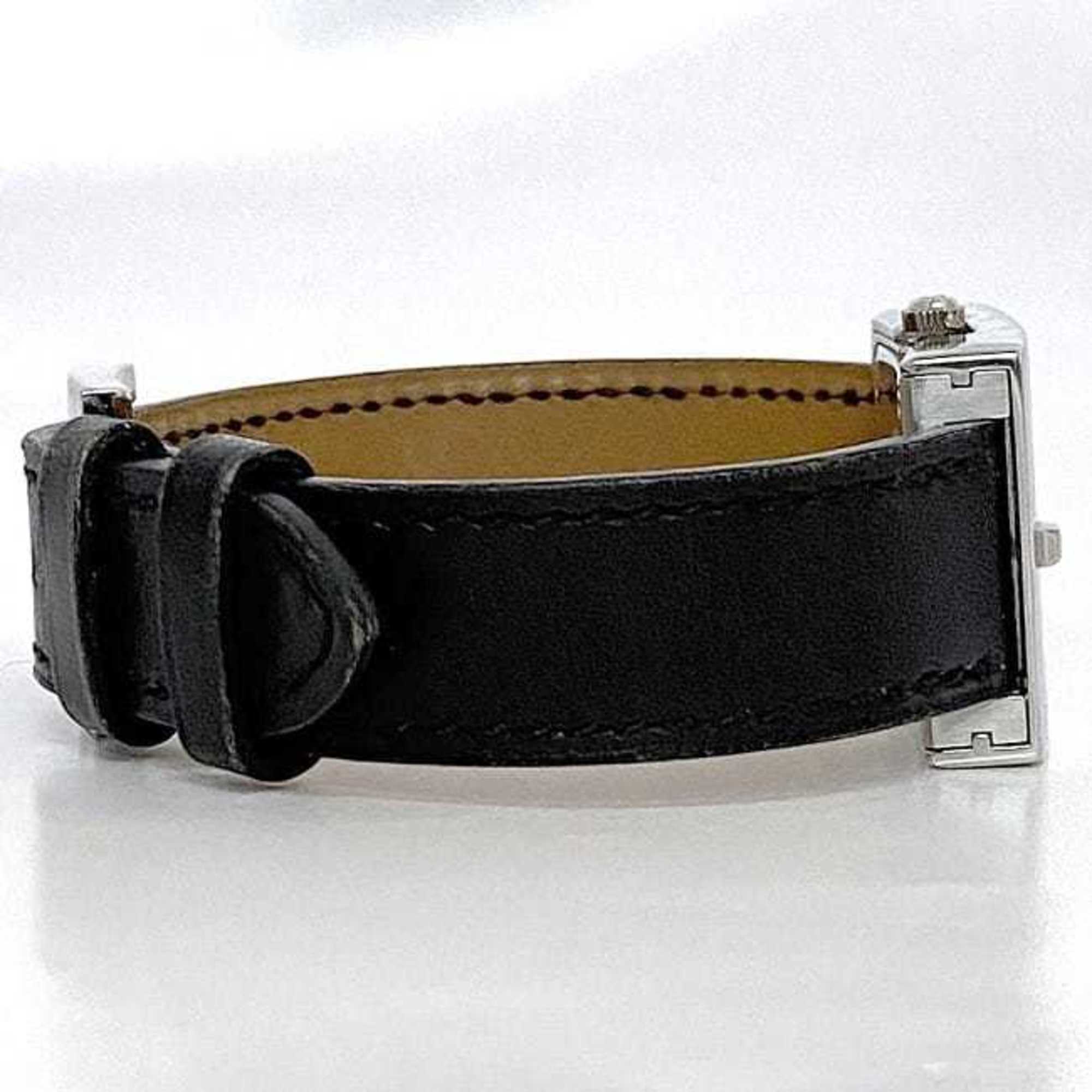 Hermes Watch Belt White Silver Black BE1.110 Women's SS Leather Quartz □F Stamp HERMES Battery Operated 22mm