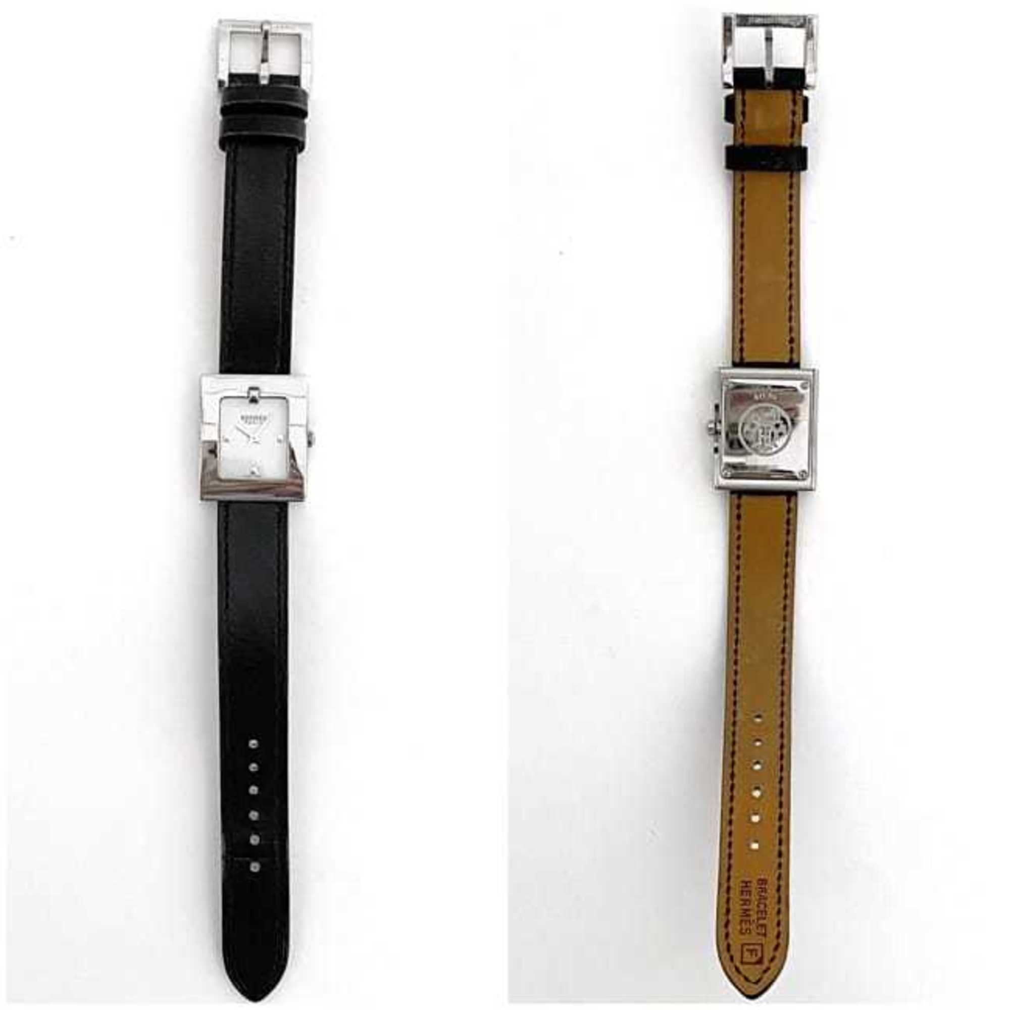 Hermes Watch Belt White Silver Black BE1.110 Women's SS Leather Quartz □F Stamp HERMES Battery Operated 22mm