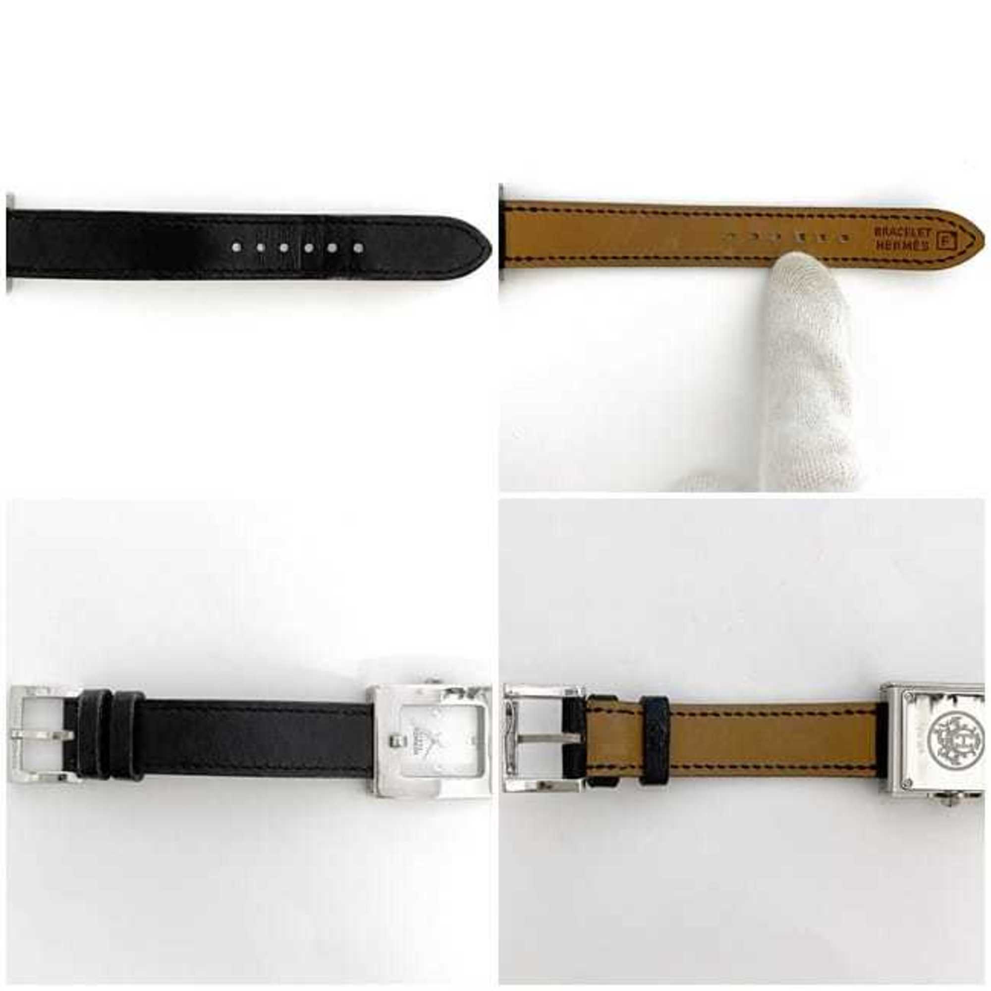 Hermes Watch Belt White Silver Black BE1.110 Women's SS Leather Quartz □F Stamp HERMES Battery Operated 22mm