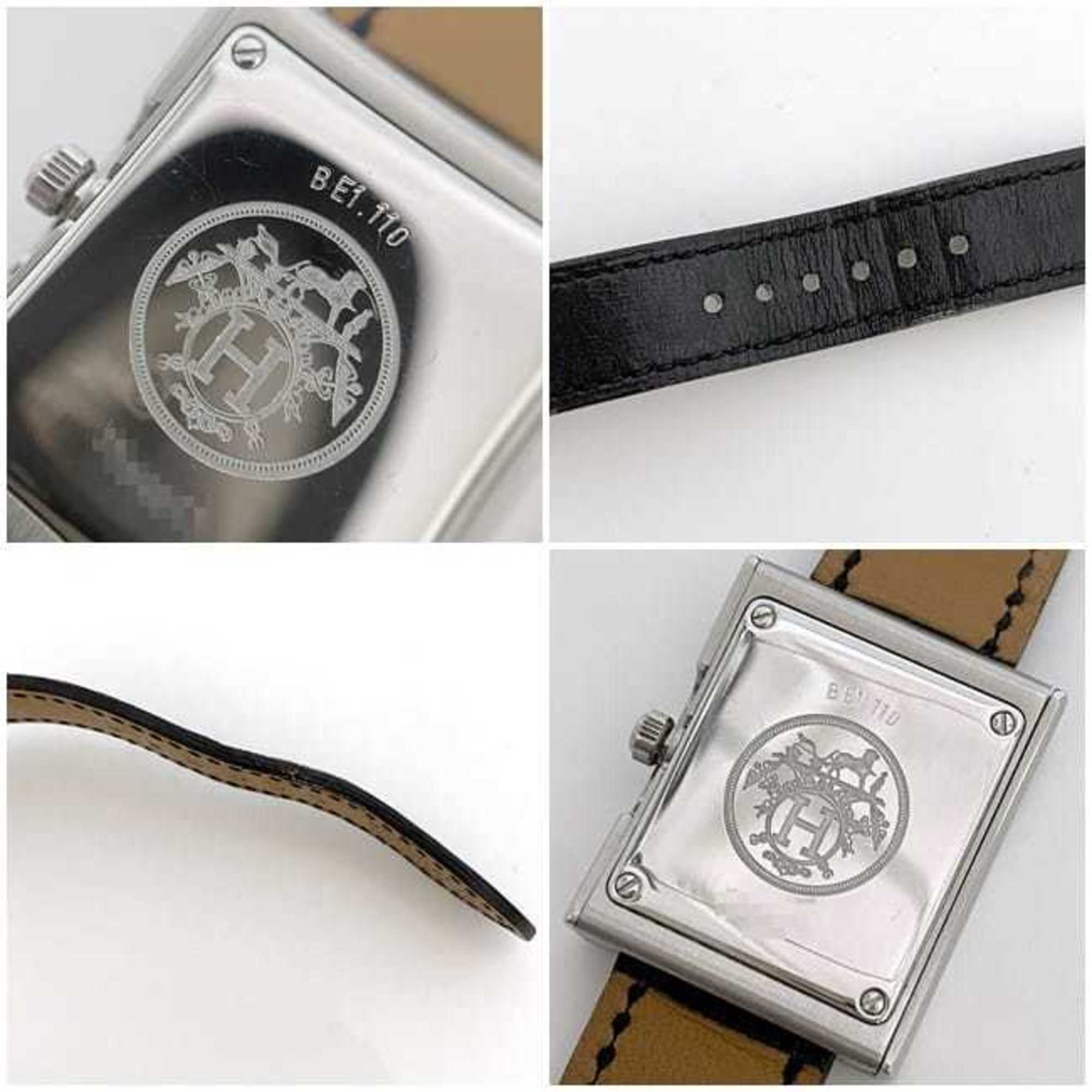 Hermes Watch Belt White Silver Black BE1.110 Women's SS Leather Quartz □F Stamp HERMES Battery Operated 22mm