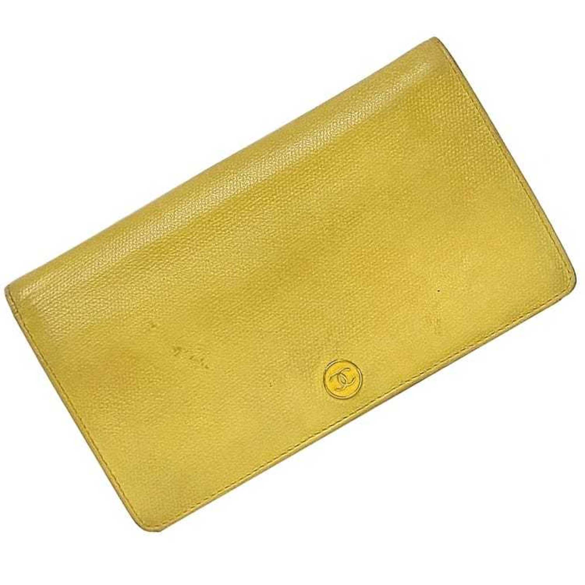 Chanel Bi-fold Long Wallet ec-21016 Yellow Coco Button A20904 Leather 9th Series CHANEL Mark Boutique Seal Included Women's