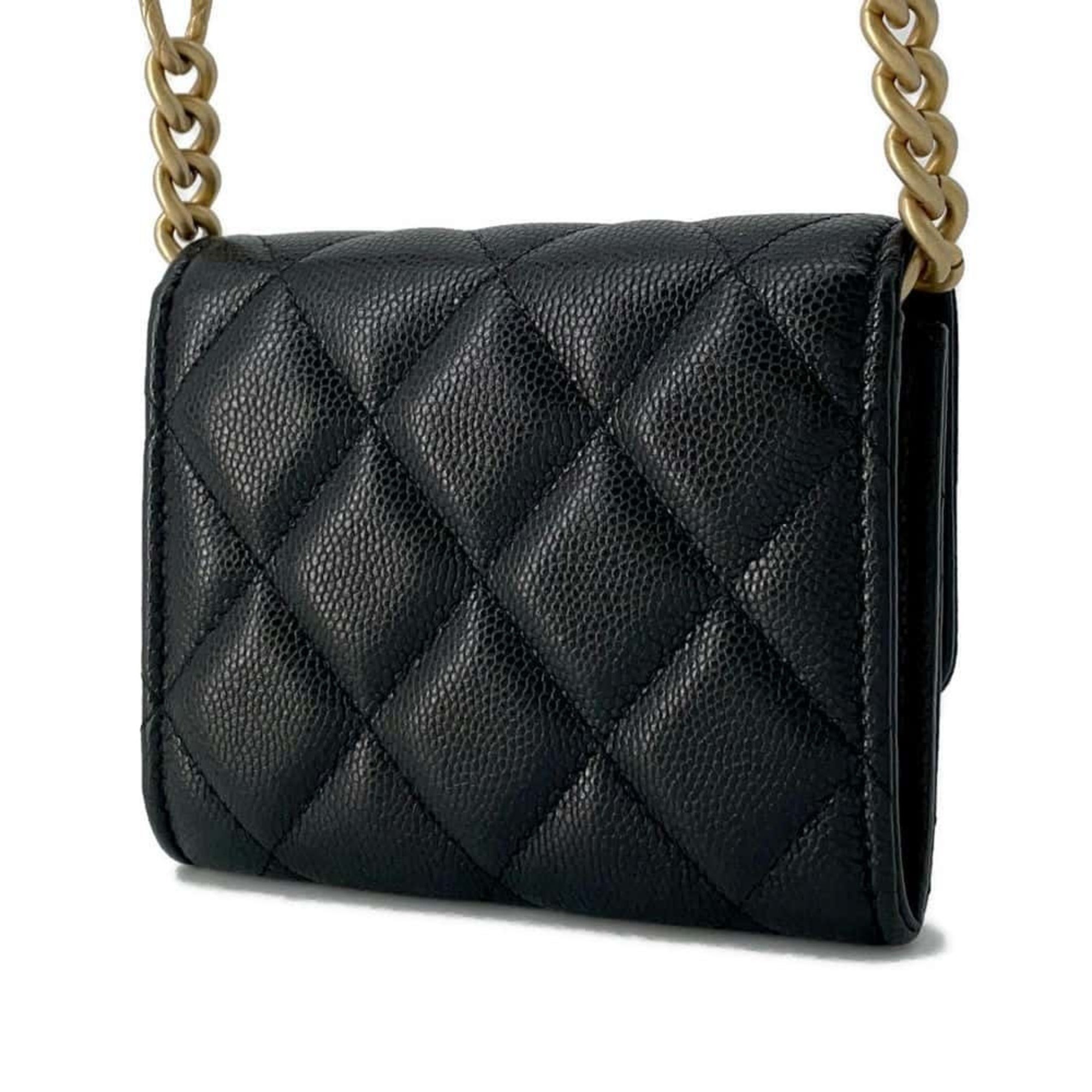 Chanel Chain Business Card Holder/Card Case Matelasse Coco Mark Caviar Skin CHANEL Shoulder Black