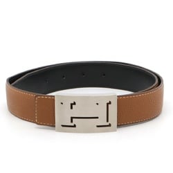 HERMES Lucky Metal H Belt, Reversible Leather, Light Brown, Black, #75, Stamp